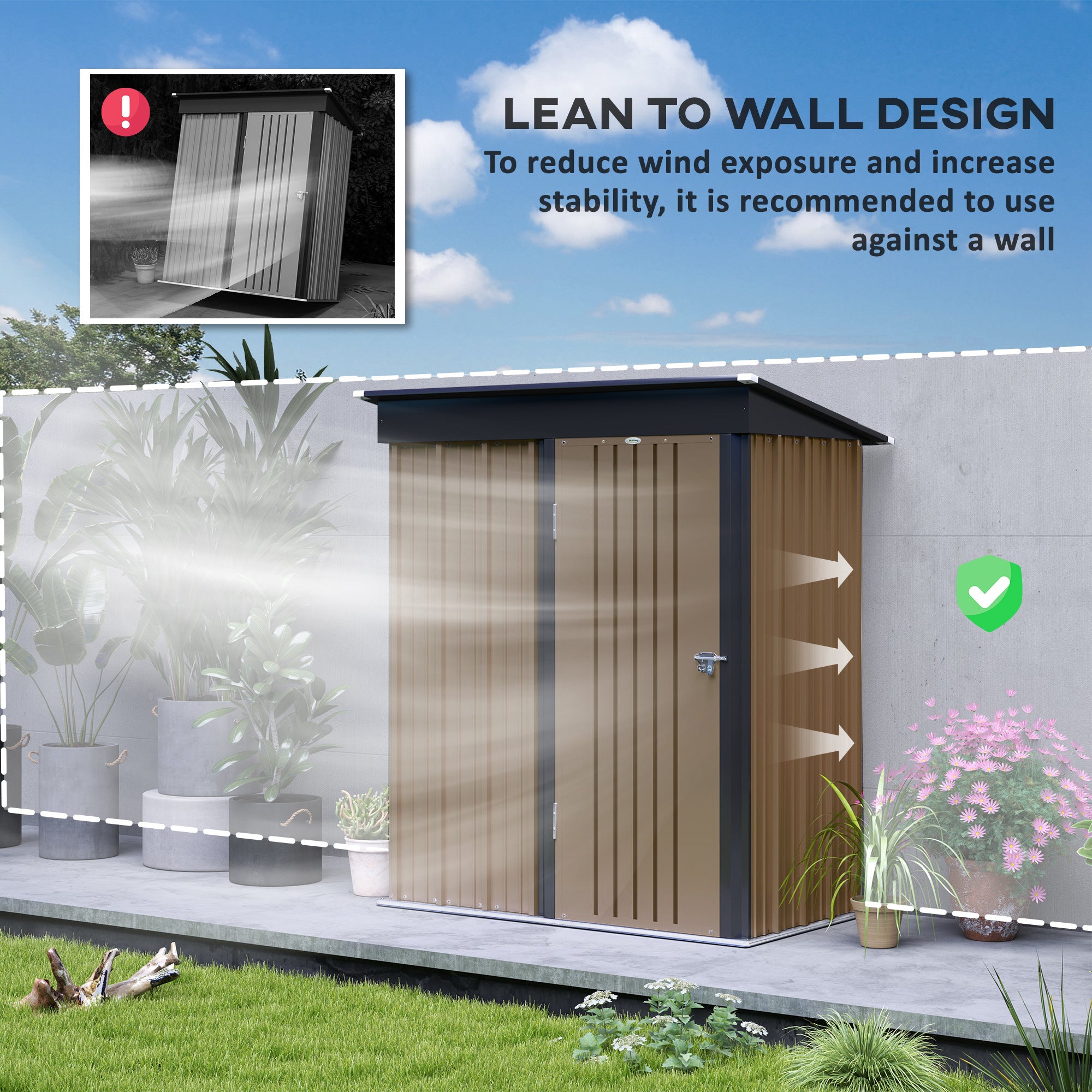 Outsunny Metal Garden Shed, Outdoor Lean-to Shed for Tool Motor Bike, with Adjustable Shelf, Lock, Gloves, 5'x3'x6', Brown - North Peak Garden Furniture