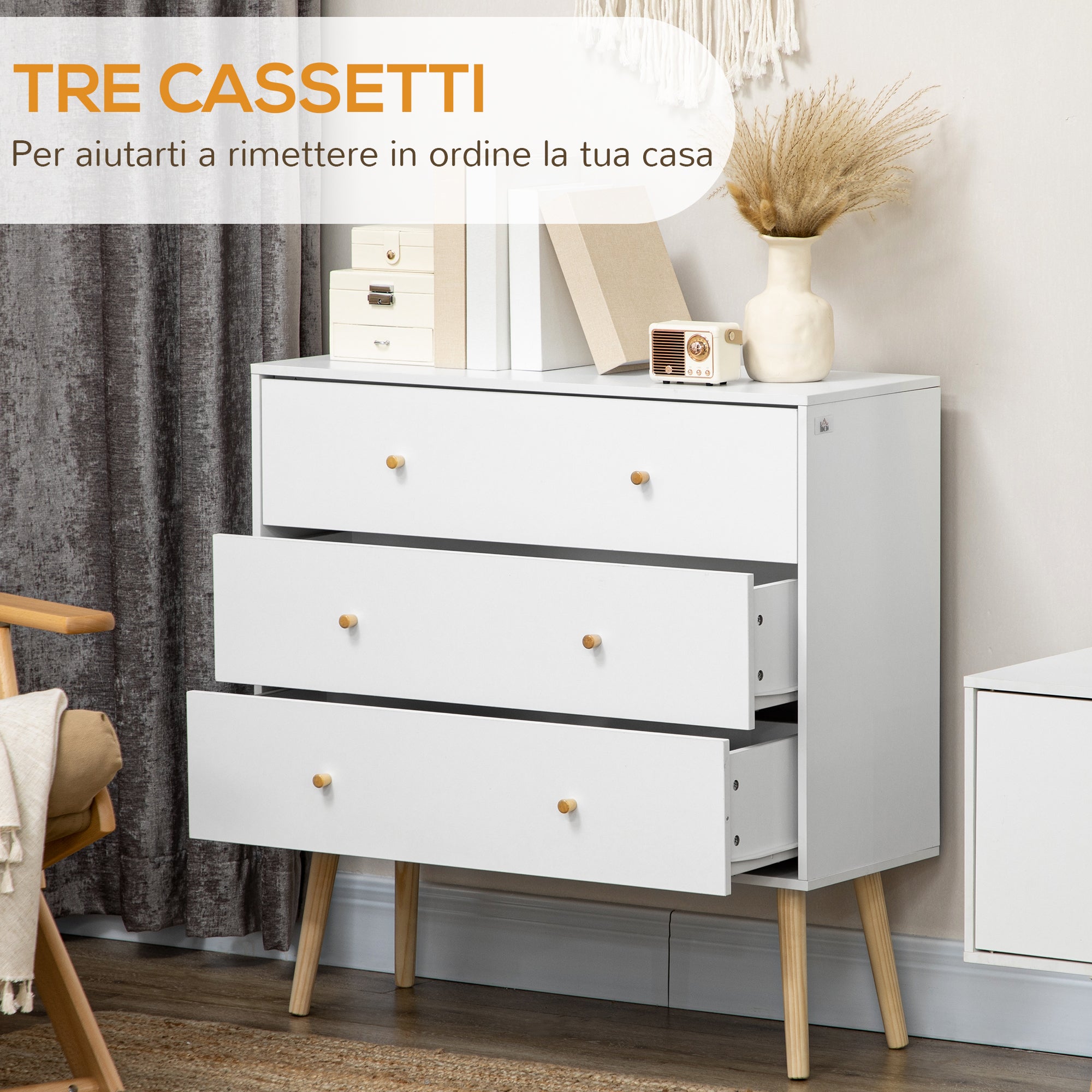 HOMCOM Chest of Drawers, 3-Drawer Storage Organiser Unit with Wood Legs for Bedroom, Living Room, White - North Peak Garden Furniture