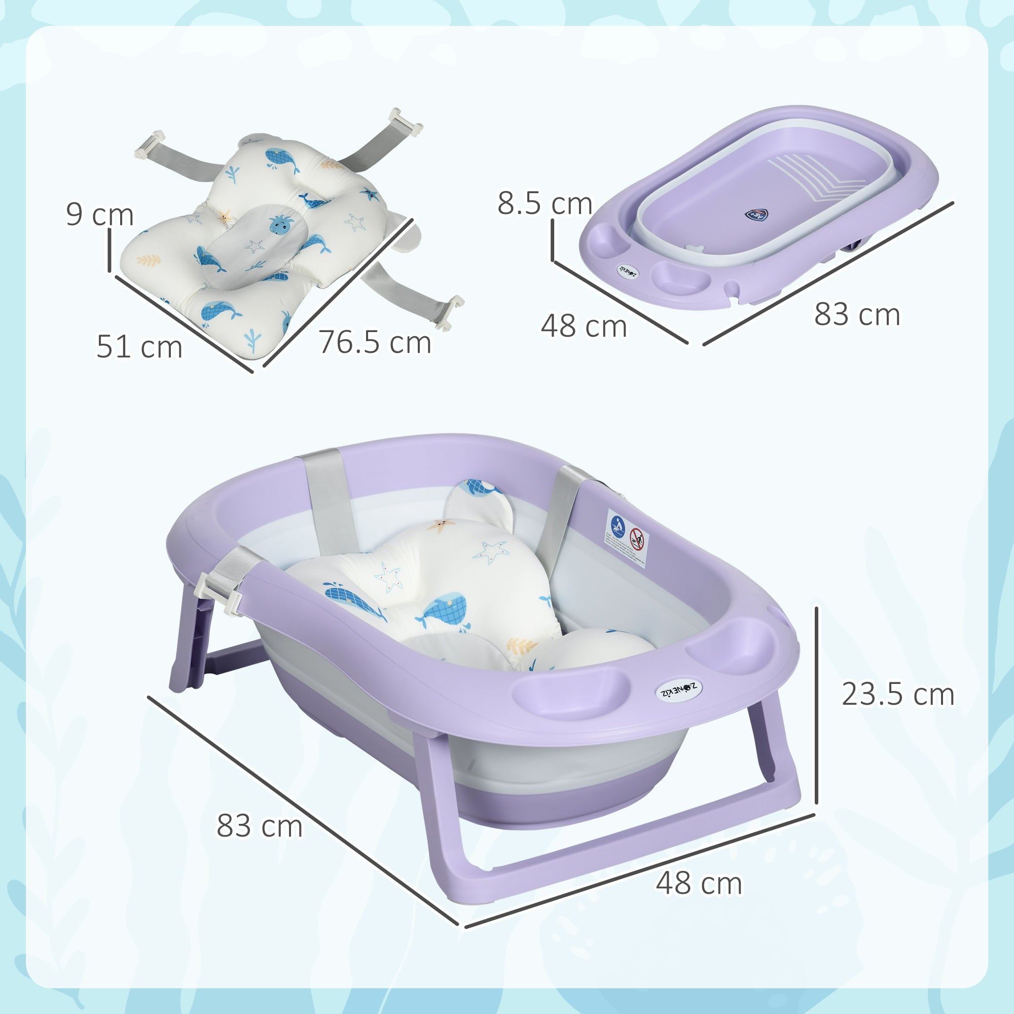 ZONEKIZ Foldable Baby Bathtub, with Non-Slip Support Legs, Cushion Pad, Shower Holder - Purple - North Peak Garden Furniture