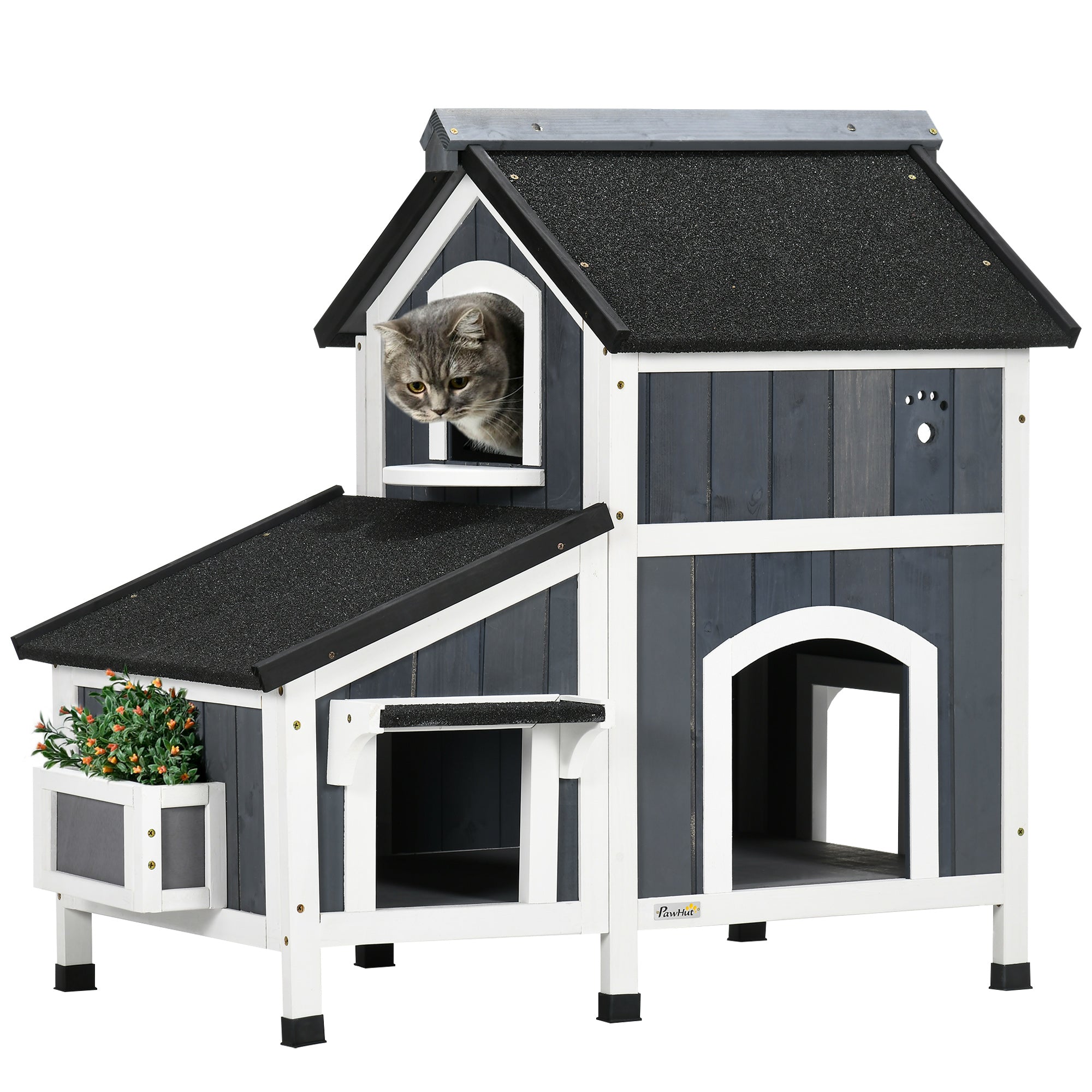 PawHut Wooden Outdoor Cat House with Flower Pot, Windows, Multiple Entrances, Water-Resistant Roof - Grey - North Peak Garden Furniture