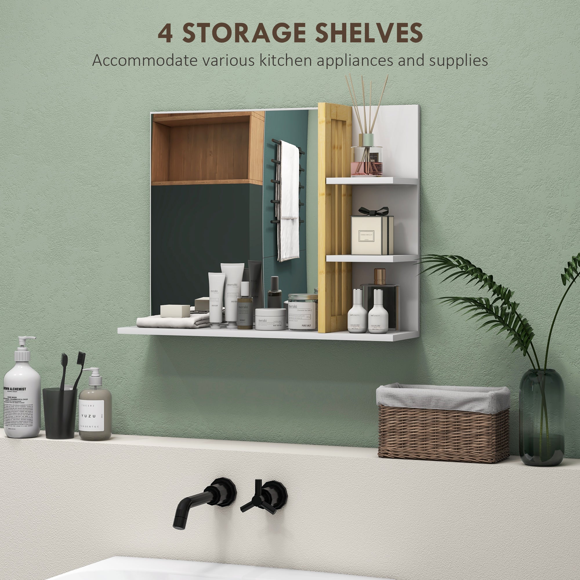 HOMCOM Bamboo Panel Bathroom Mirror, with Shelves - White - North Peak Garden Furniture