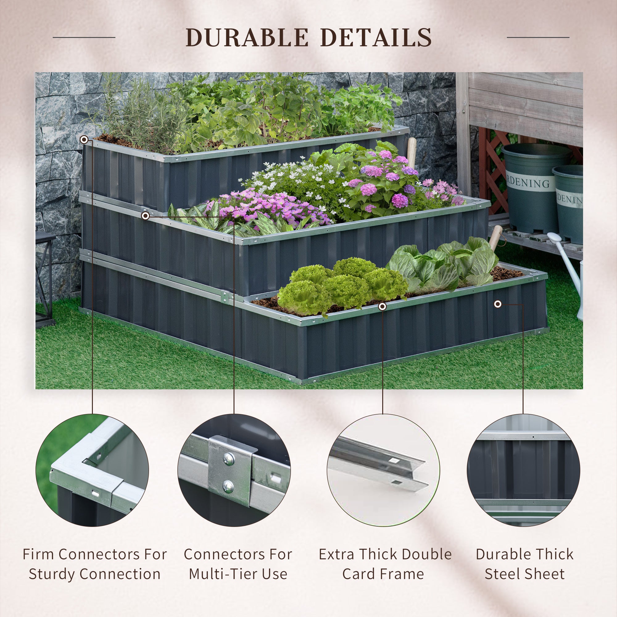 Outsunny 118cm x 118cm x 62cm 3 Tier Raised Garden Bed, Metal Elevated Planer Box Kit Flower Pot w/ A Pairs of Glove for Backyard, Patio to Grow Vegetables, Herbs, and Flowers, Grey