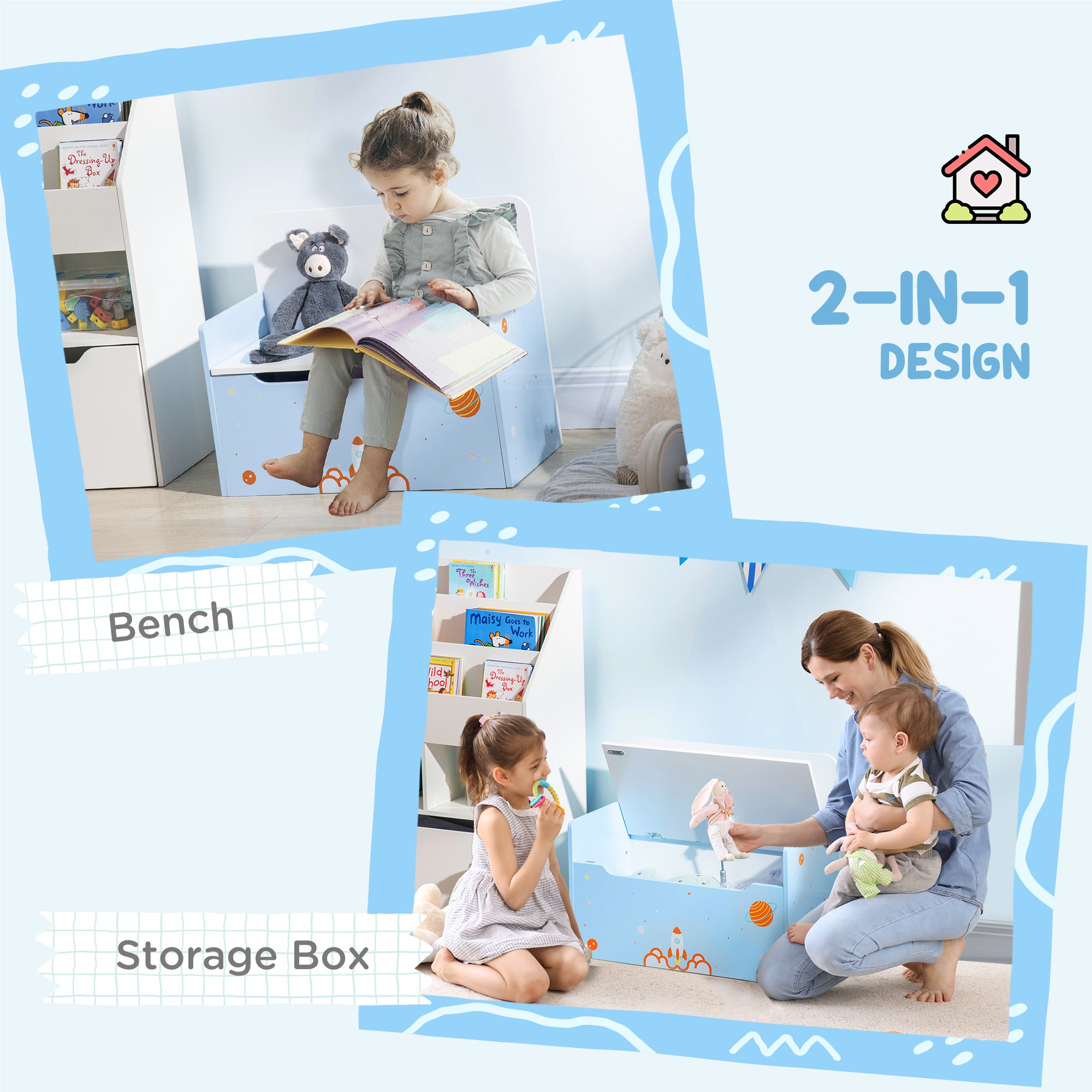 ZONEKIZ 2 In 1 Kids Storage Bench, Toy Box w/ Safety Rod - Blue - North Peak Garden Furniture