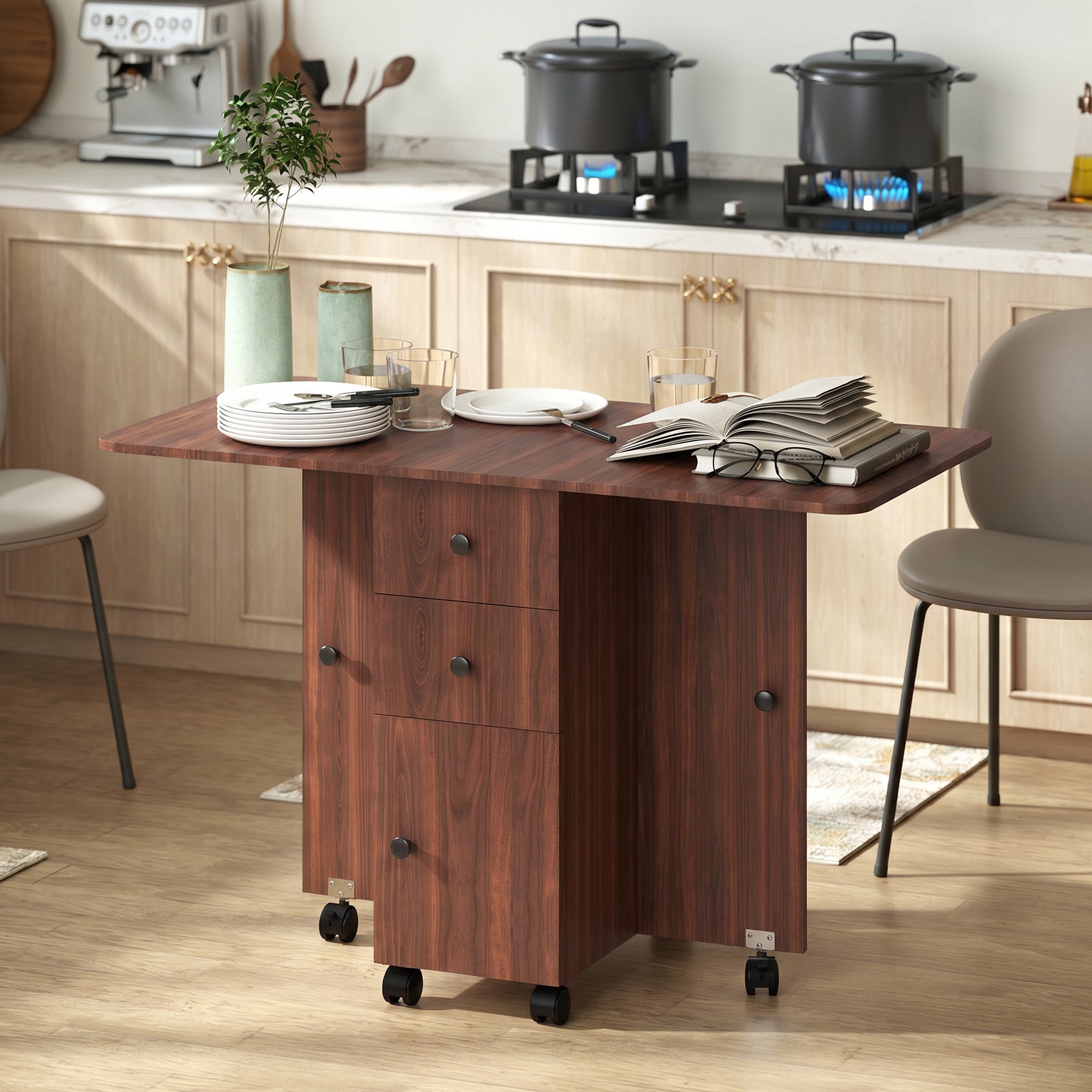HOMCOM Multi-Storage Six-Person Drop Leaf Dining Table -  Distressed Brown