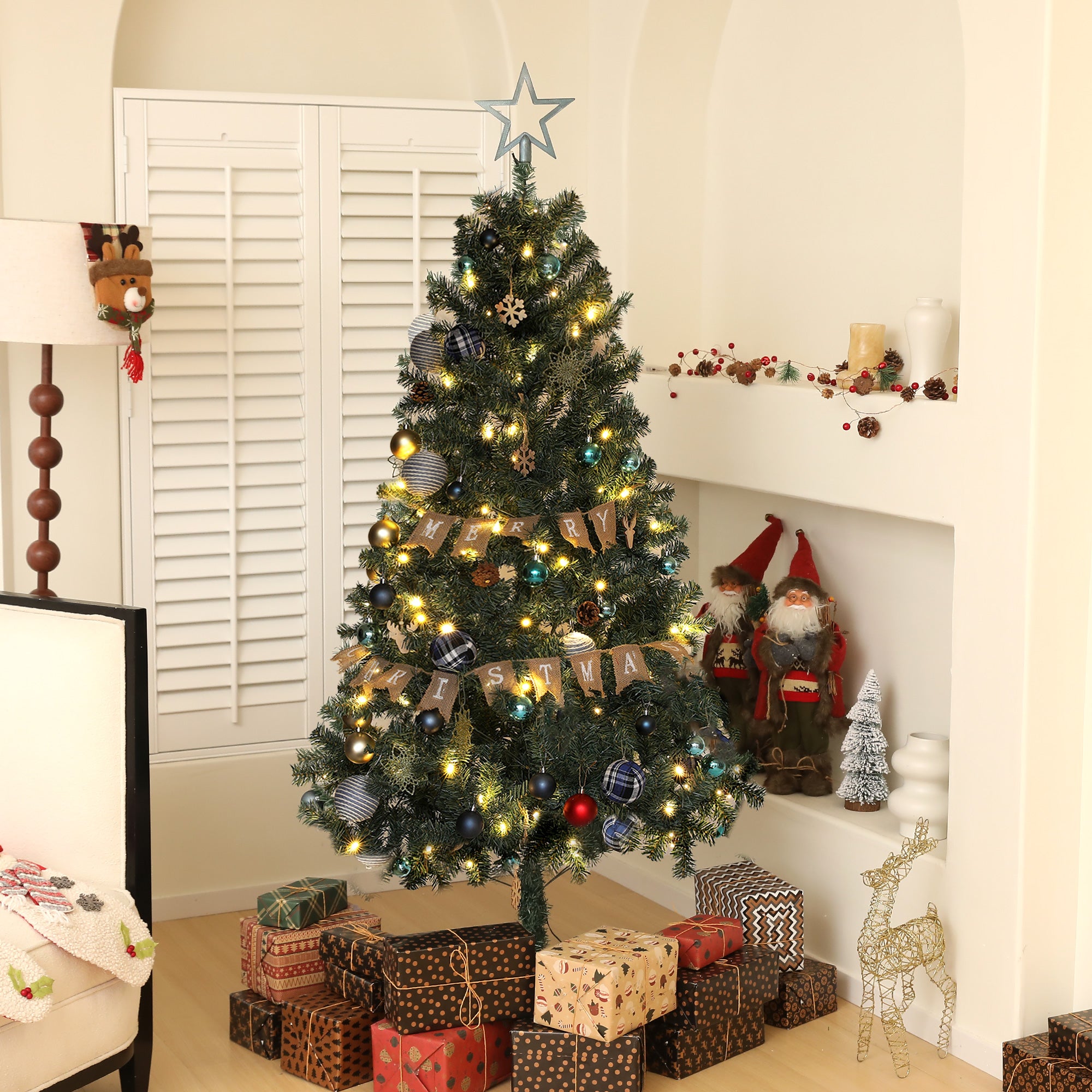 HOMCOM 5ft Pre-Lit and Xmas Tree with Decorations