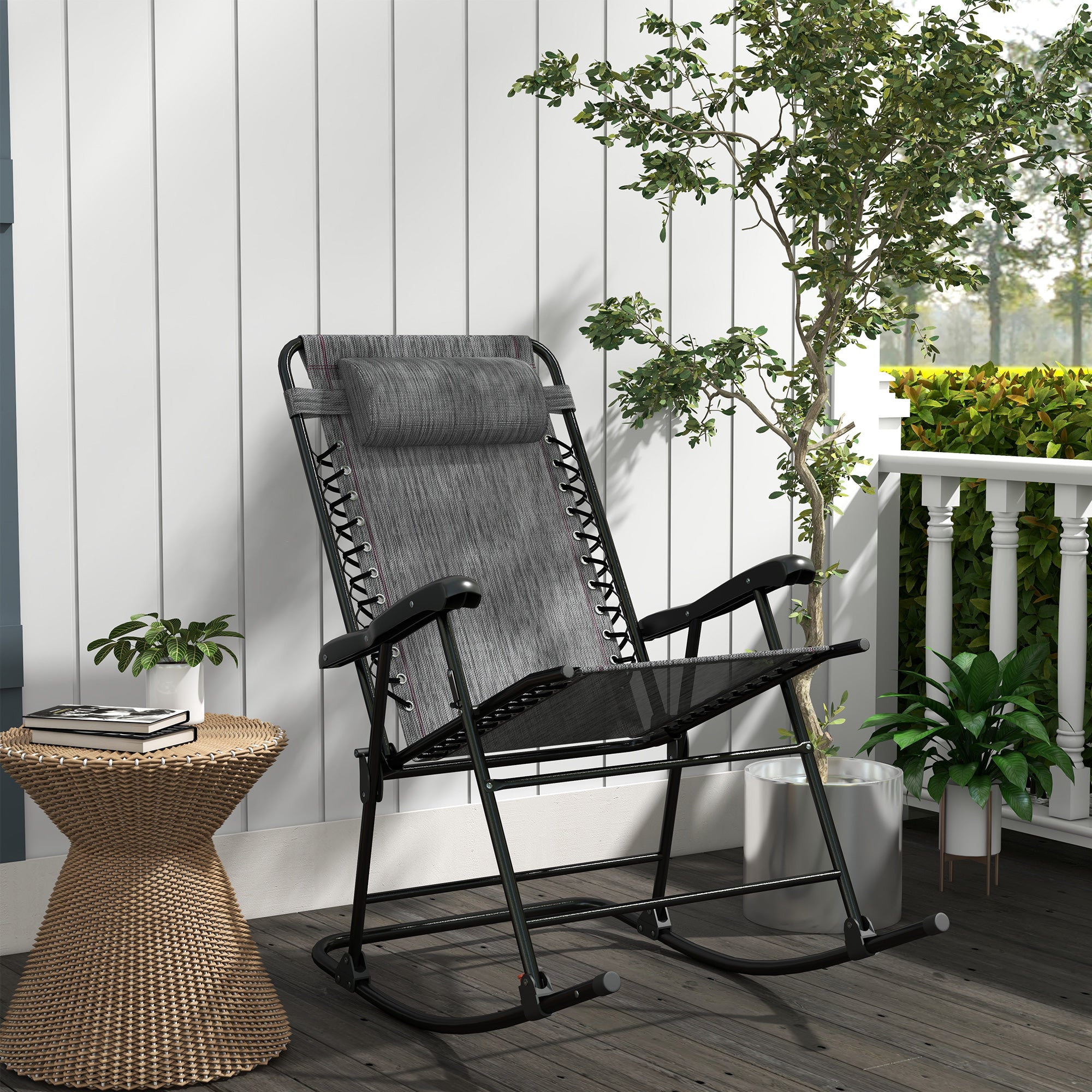 Outsunny Folding Rocking Chair Outdoor Portable Zero Gravity Chair w/ Headrest Grey