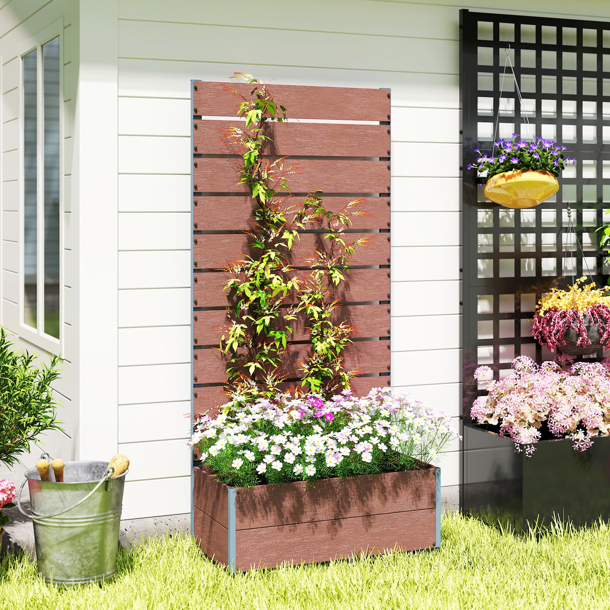 Outsunny 34 x 69.5cm Garden Planter Box, with Back Trellis - Brown