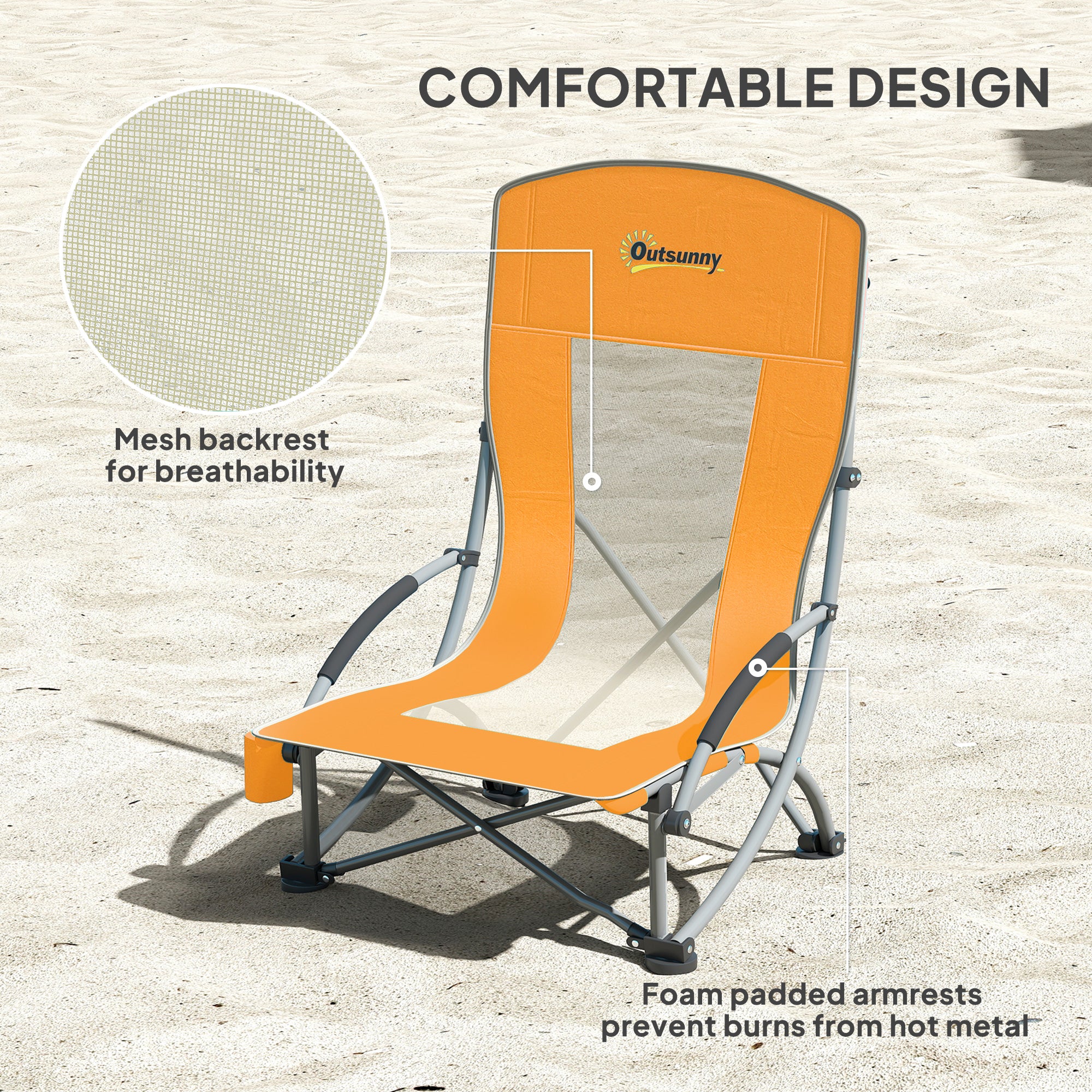 Outsunny Set of 2 Folding Beach Chair, Low Camping Chair with Mesh Back, Carry Bag and Cup Holder for Garden Outdoor Picnic Festival Travel, Orange - North Peak Garden Furniture