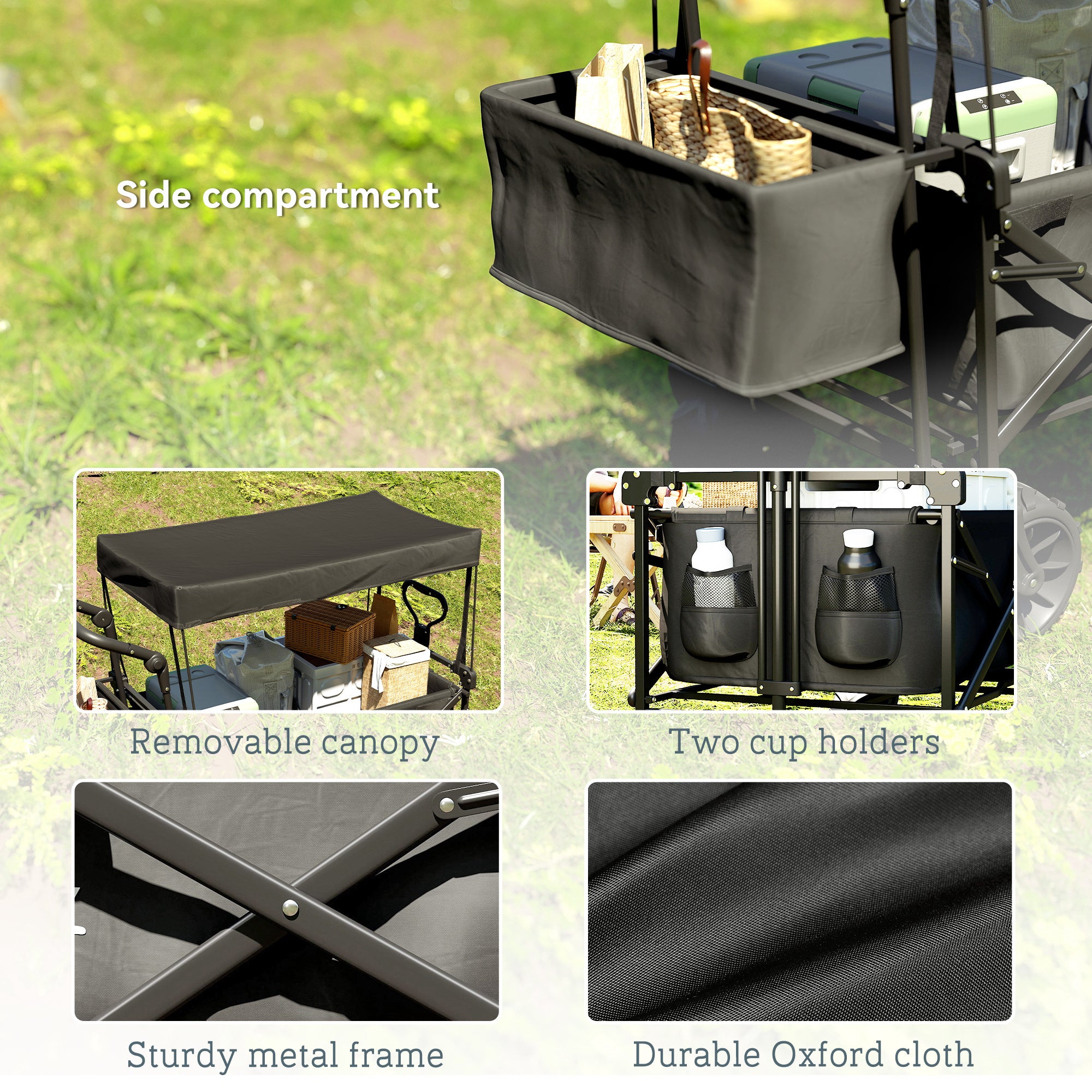 Outsunny Folding Trolley Cart Storage Wagon Beach Trailer 4 Wheels with Handle Overhead Canopy Cart Push Pull for Camping, Black - North Peak Garden Furniture
