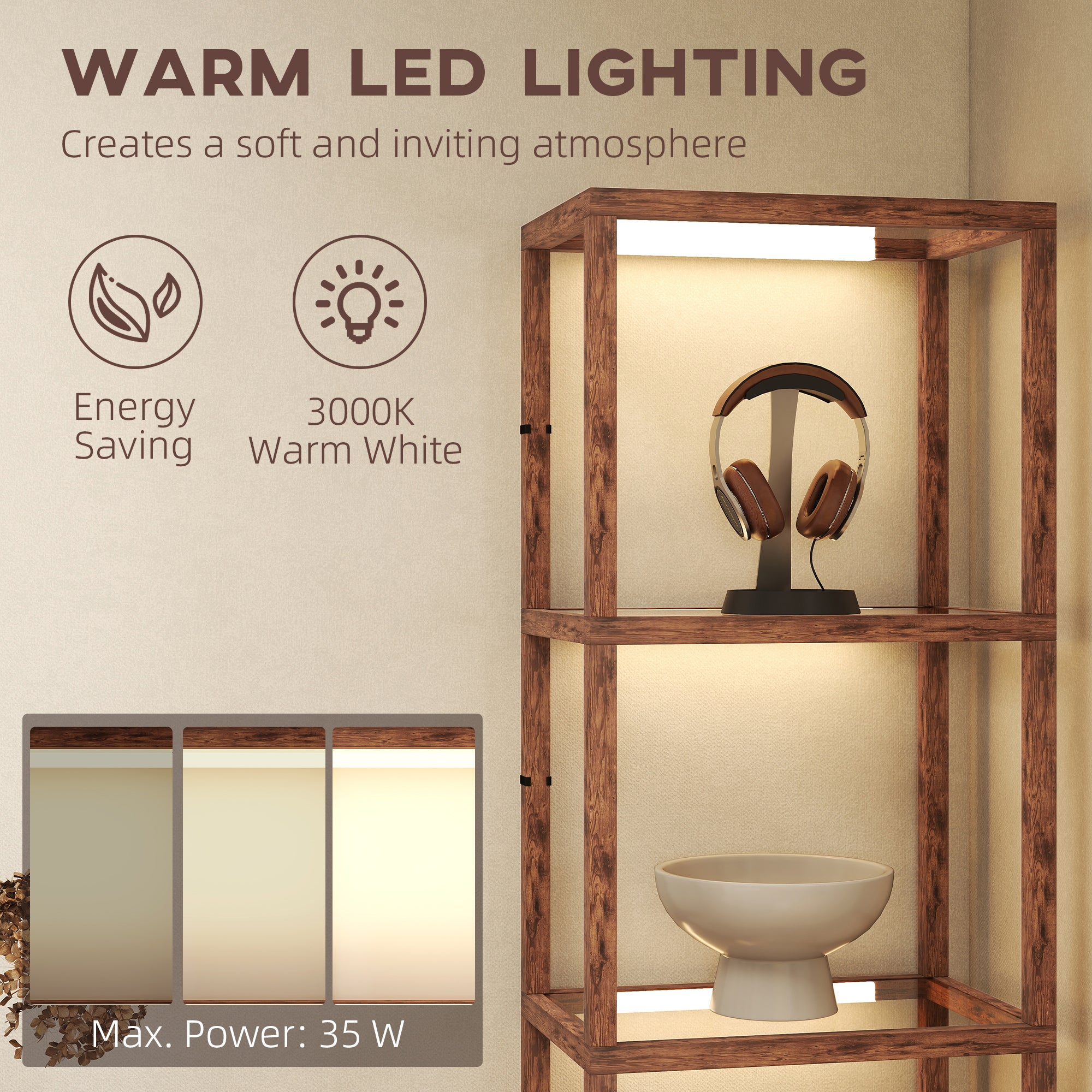 HOMCOM LED Floor Lamp with Glass Shelves, 4 Layers Dimmable Tall Standing Lamp, Modern Column Shelf Floor Light for Living Room, Bedroom, Office, Rustic Brown
