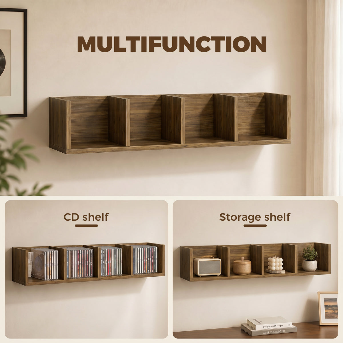 HOMCOM Wall Mount 84 CD / 56 DVD/Blu-ray/ Media Storage Rack 4 Cubes Wooden Shelf Organizer Unit Bookcase Display, Walnut
