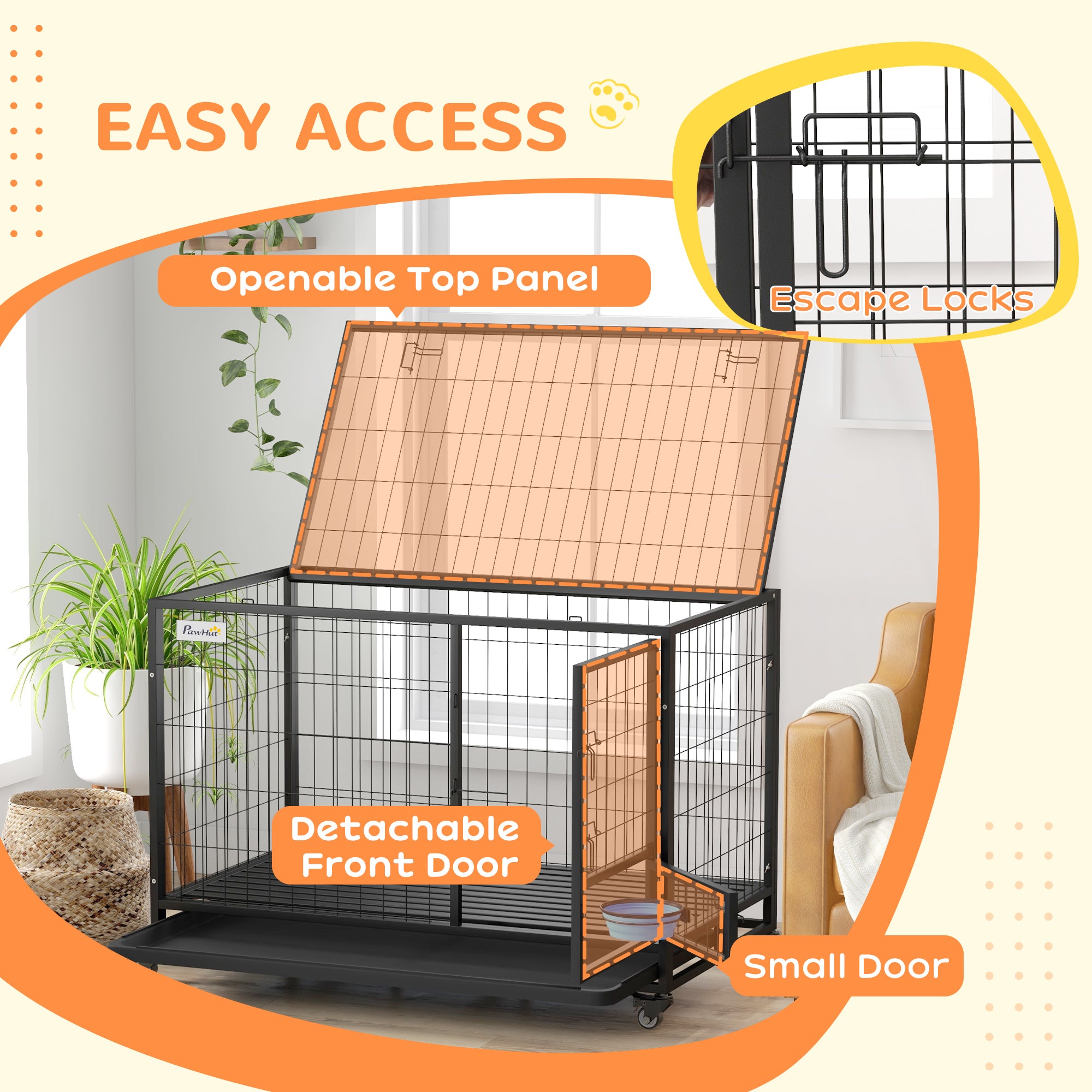 PawHut Heavy Duty Dog Crate on Wheels w/ Bowl Holder, Removable Tray, Openable Top, Detachable Door, for L, XL Dogs - North Peak Garden Furniture