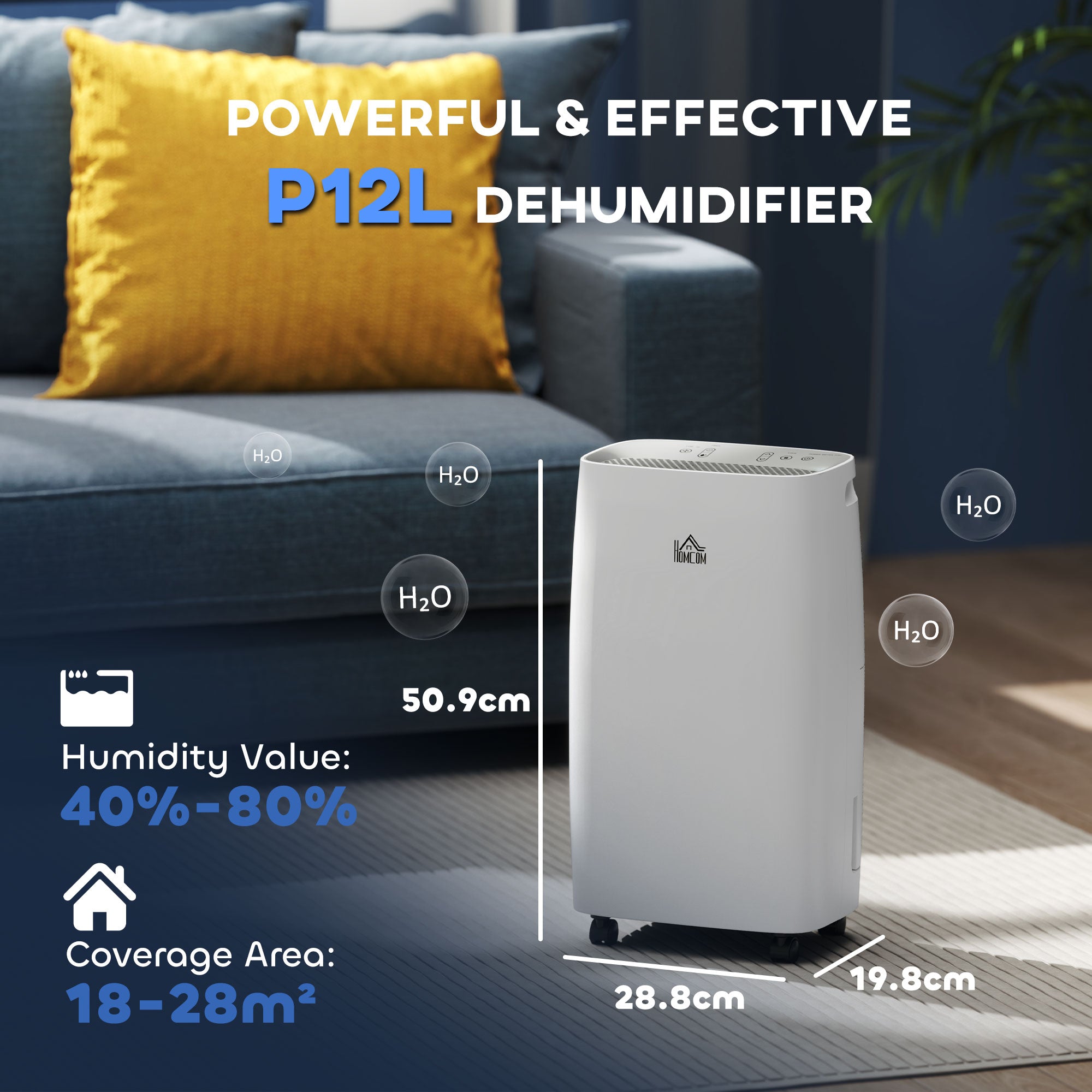 HOMCOM 12L/Day Dehumidifier with Continuous Drainage, 2.5L Water Tank, 24H Timer, Humidity Display, for Home Damp, Condensation, Mould and Laundry Drying, White - North Peak Garden Furniture
