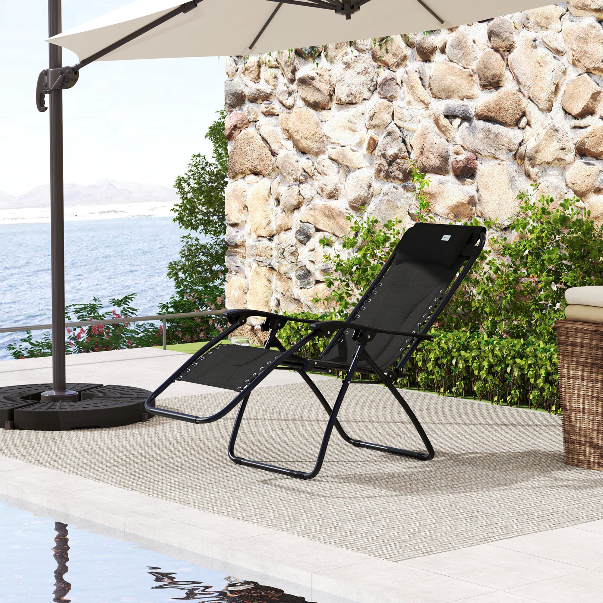 Outsunny Zero Gravity Lounger Chair, Folding Reclining Patio Chair with Padded Seat, Cup Holder, Soft Cushion and Headrest for Poolside, Camping, Black - North Peak Garden Furniture