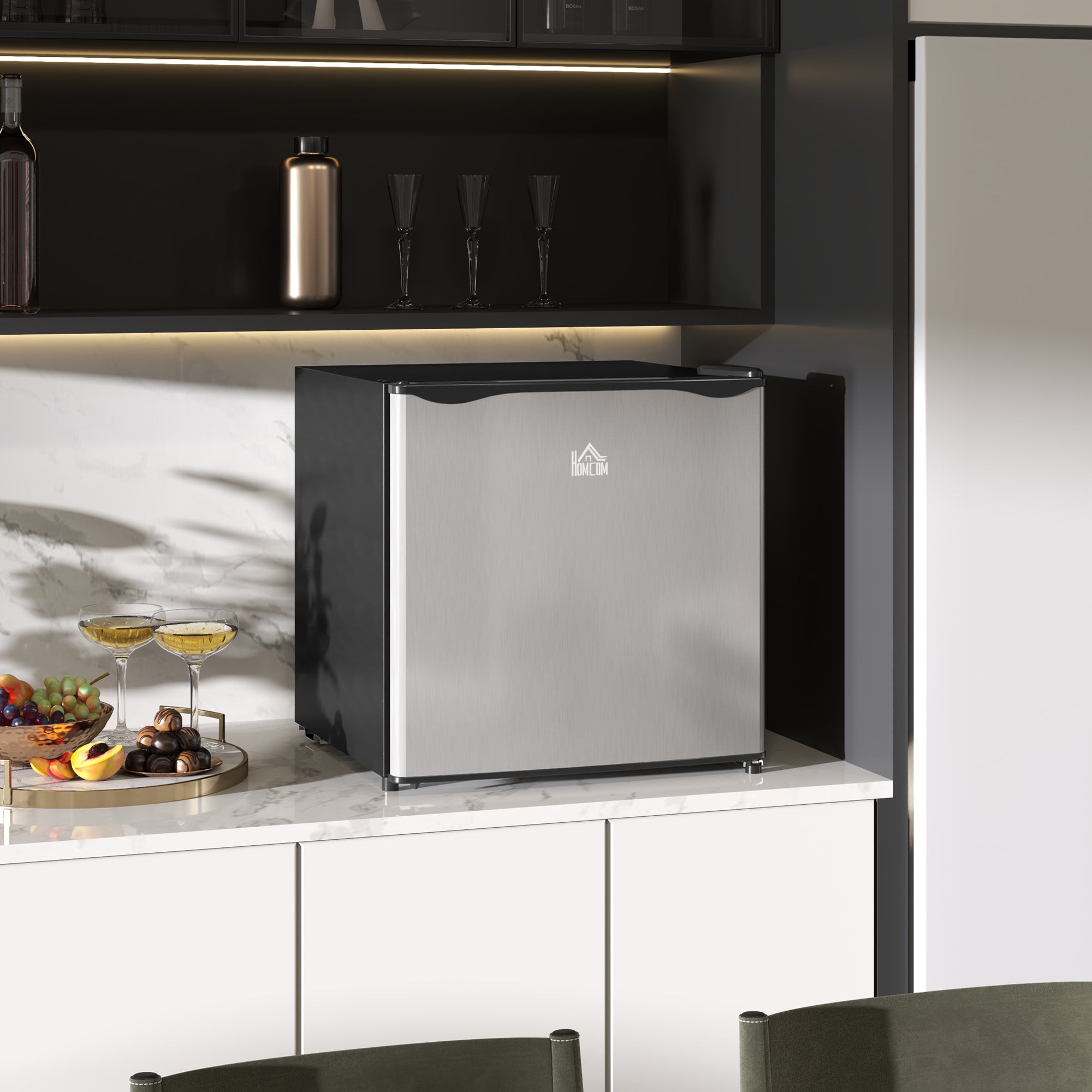 HOMCOM 46 Litre Table Top Mini Fridge, Small Fridge with Ice Box, Reversible Door, Adjustable Temperature and Legs for Bedrooms, Home Office, Silver Tone - North Peak Garden Furniture