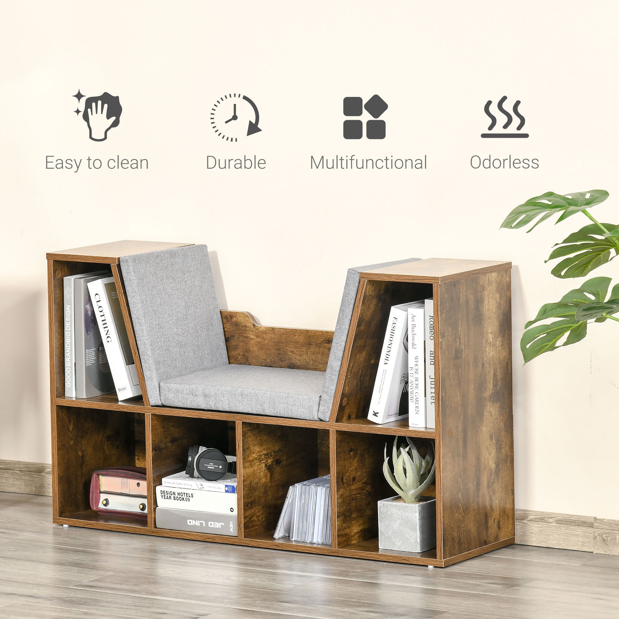 HOMCOM Bookcase Storage Shelf with Cushioned Reading Seat, Cube Bookshelf Organizer for Bedroom Living Room, Rustic Brown