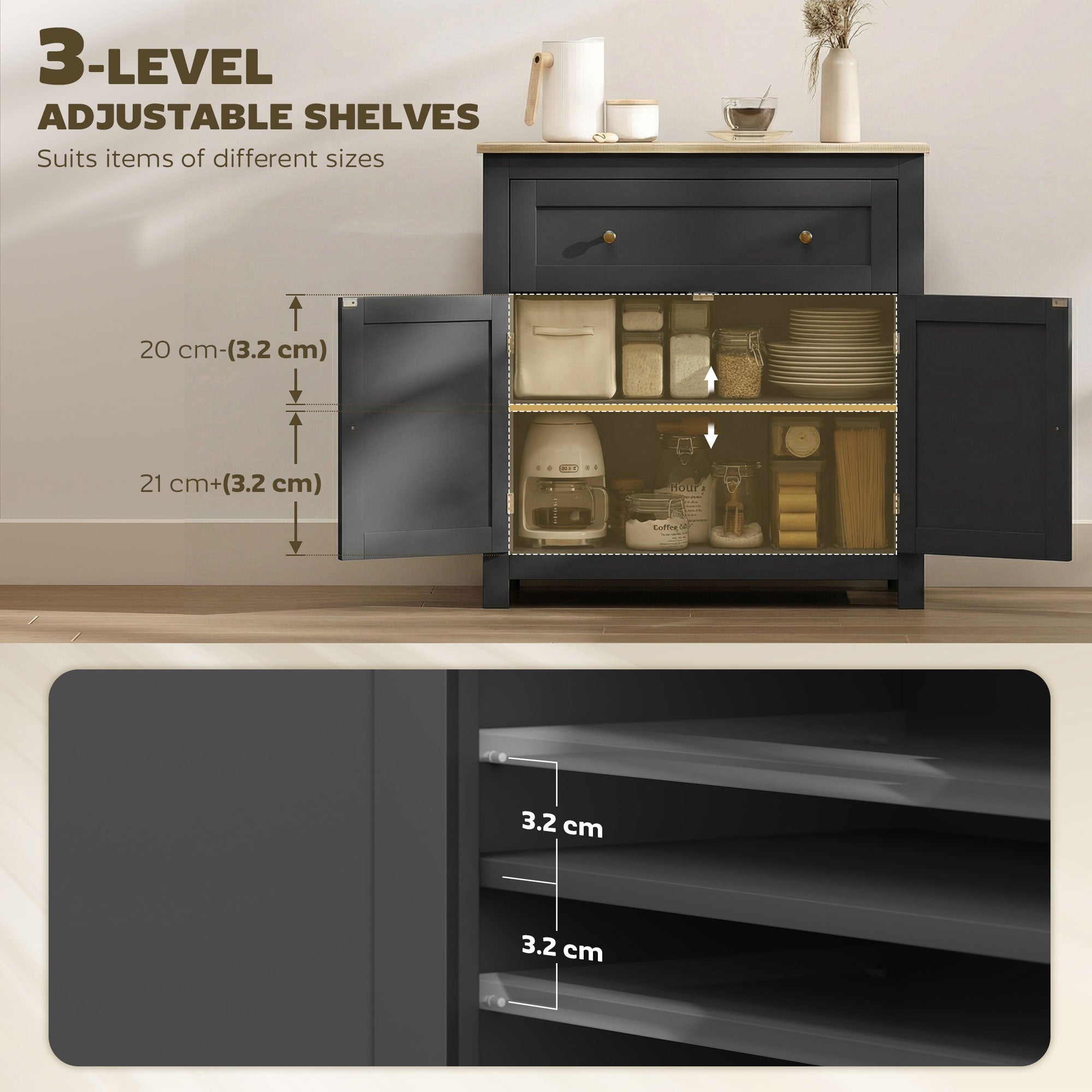 HOMCOM Sideboard Storage Cabinet, Modern Kitchen Cupboard with Adjustable Shelf, Drawer and Double Doors, Black