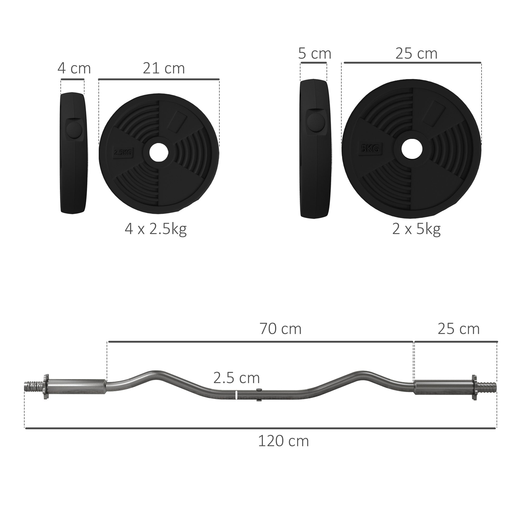 SPORTNOW 25kg Barbell Set, Adjustable Weights with Curl bar and Non-Slip Handle, for Women and Men Weight Lifting Training - North Peak Garden Furniture