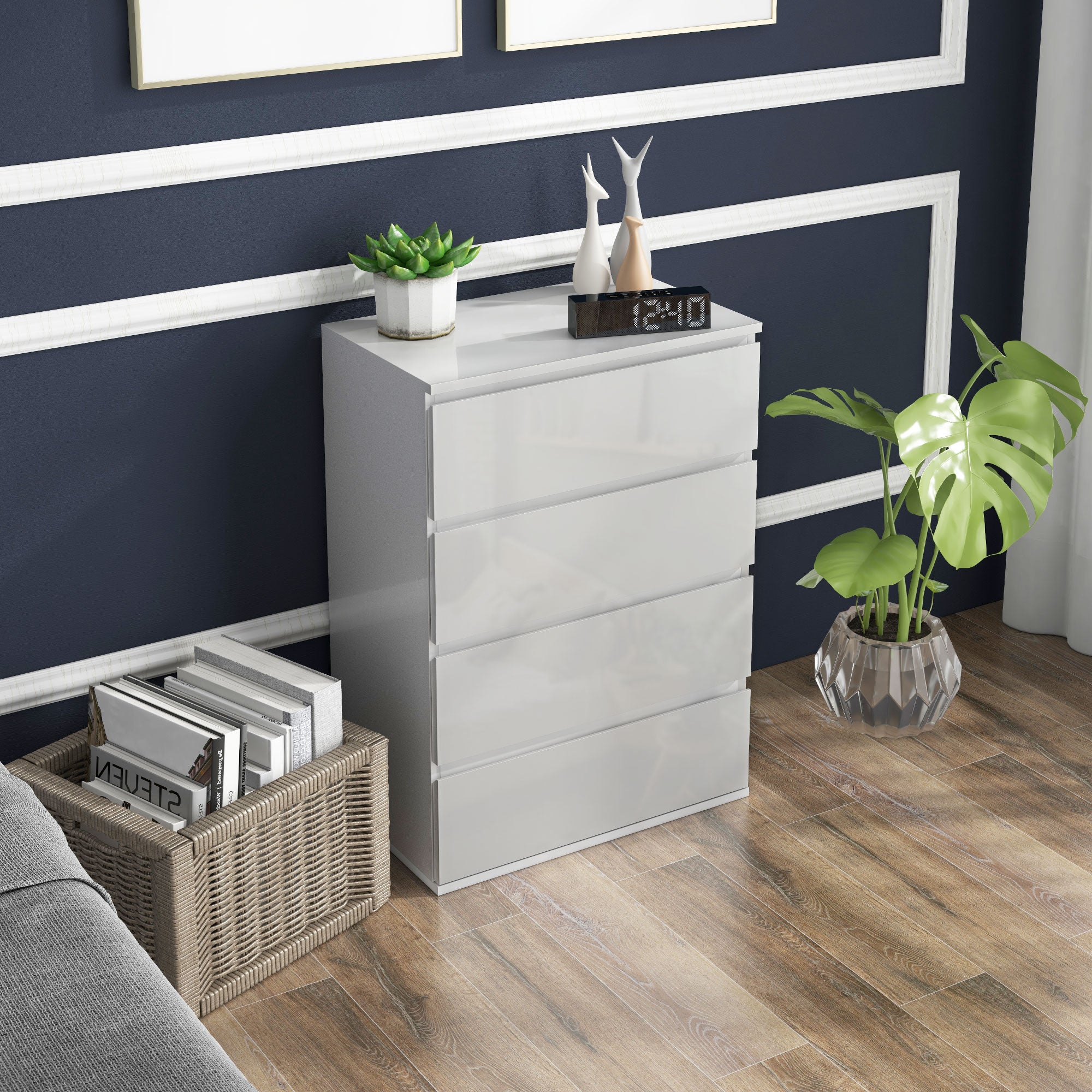 HOMCOM High Gloss Chest of Drawers, 4-Drawer Storage Cabinets, Modern Dresser, Storage Drawer Unit for Bedroom - North Peak Garden Furniture