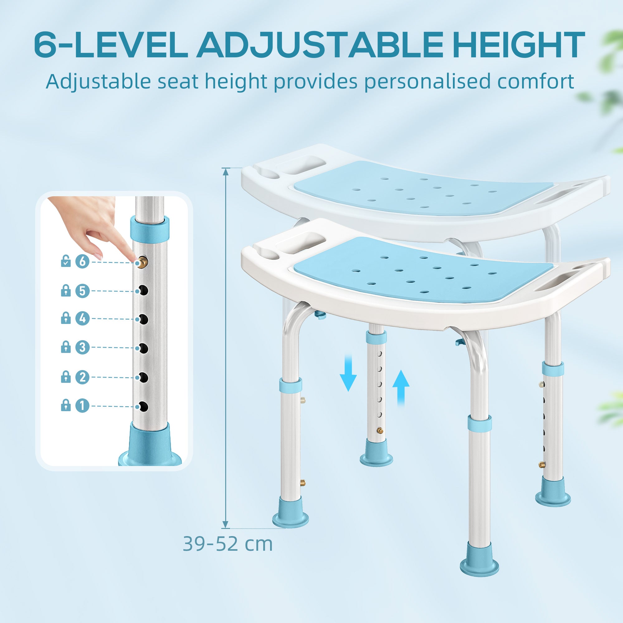 HOMCOM Shower Chair, Adjustable Height Shower Stool with Aluminium Frame and Non-Slip Feet, Bathtub Stool Seat for Elderly Disabled Handicap, Turquoise