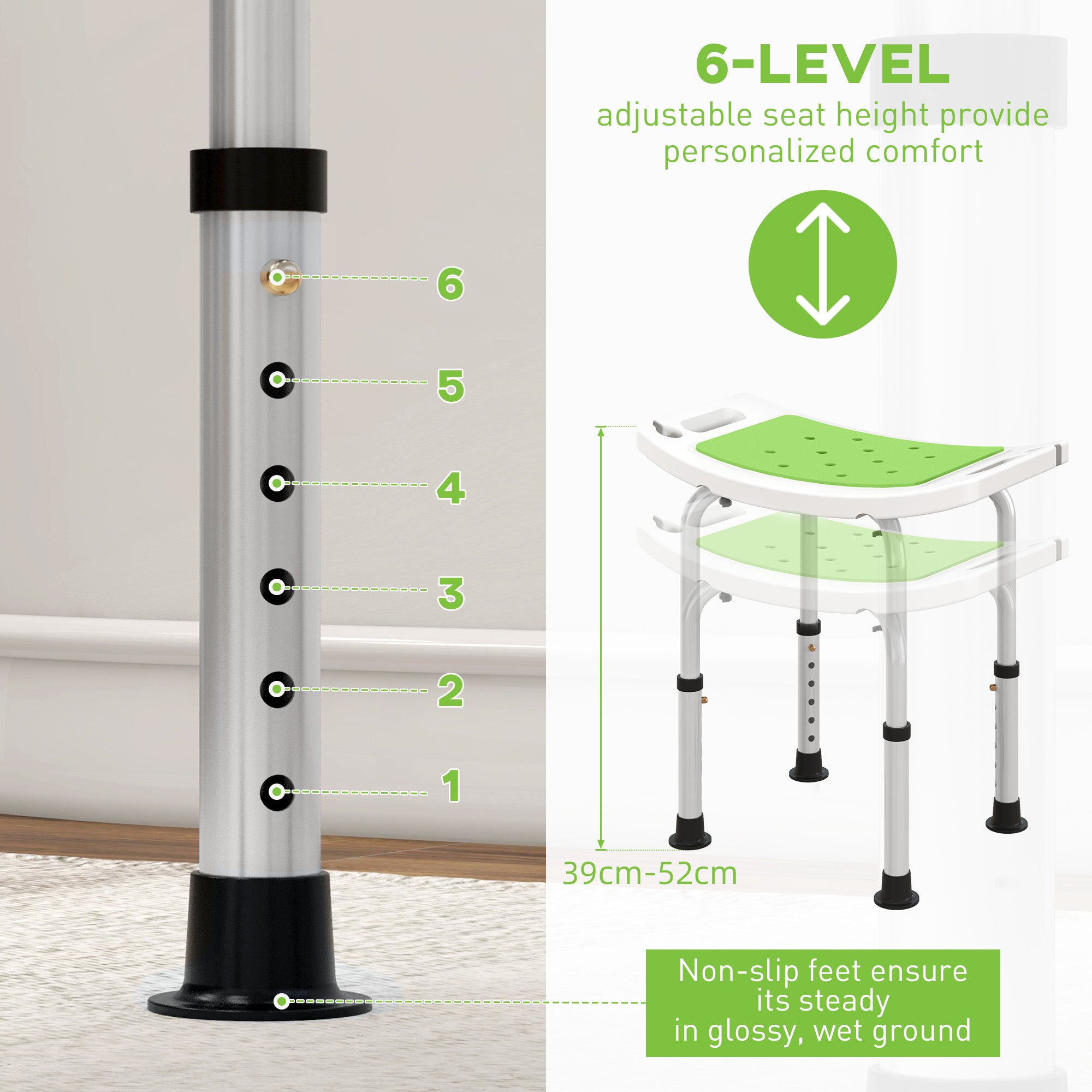 HOMCOM 6-Level Height Adjustable Aluminium Bath Room Stool Chair Shower Non-Slip Design w/ Padded Seat Drainage Holes Foot Pad, Green - North Peak Garden Furniture