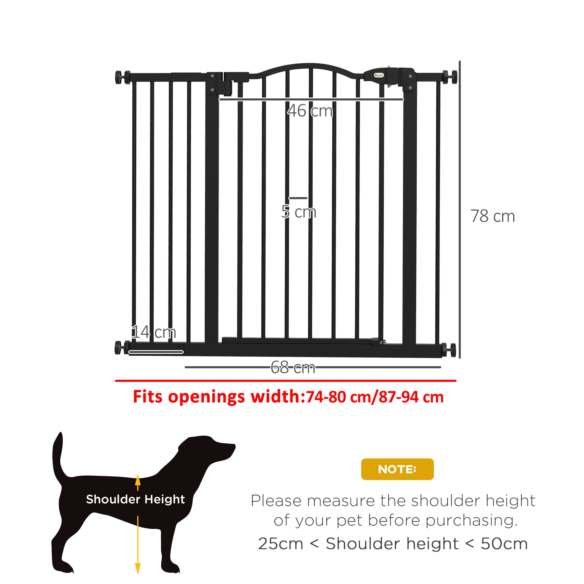 PawHut Metal 74-94cm Adjustable Pet Gate Safety Barrier w/ Auto-Close Door Black - North Peak Garden Furniture