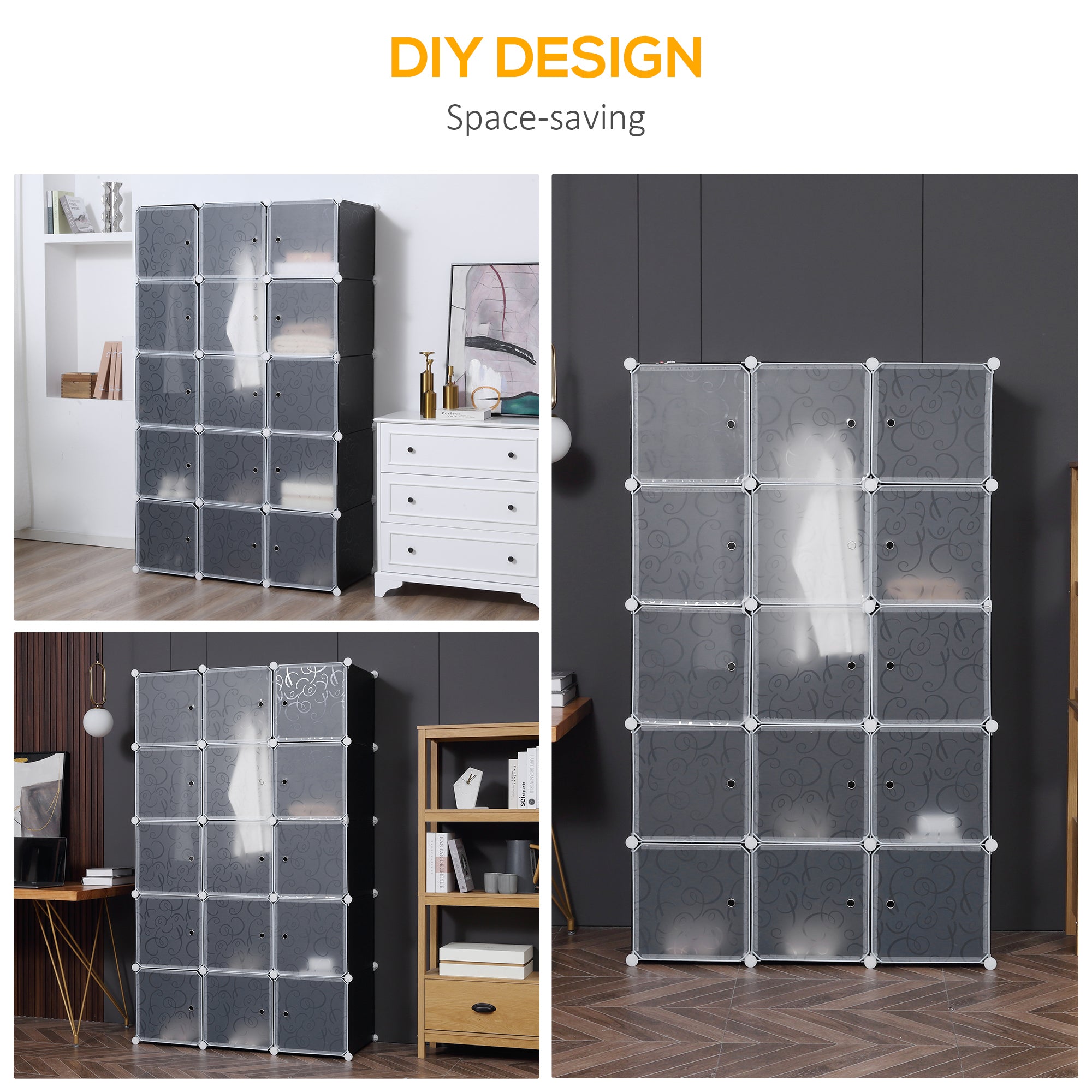 HOMCOM Portable Wardrobe for Bedroom, 15 Cube Closet with Hanging Rail, Modular Storage Cabinet, Plastic Armoire for Space Saving, White and Black - North Peak Garden Furniture