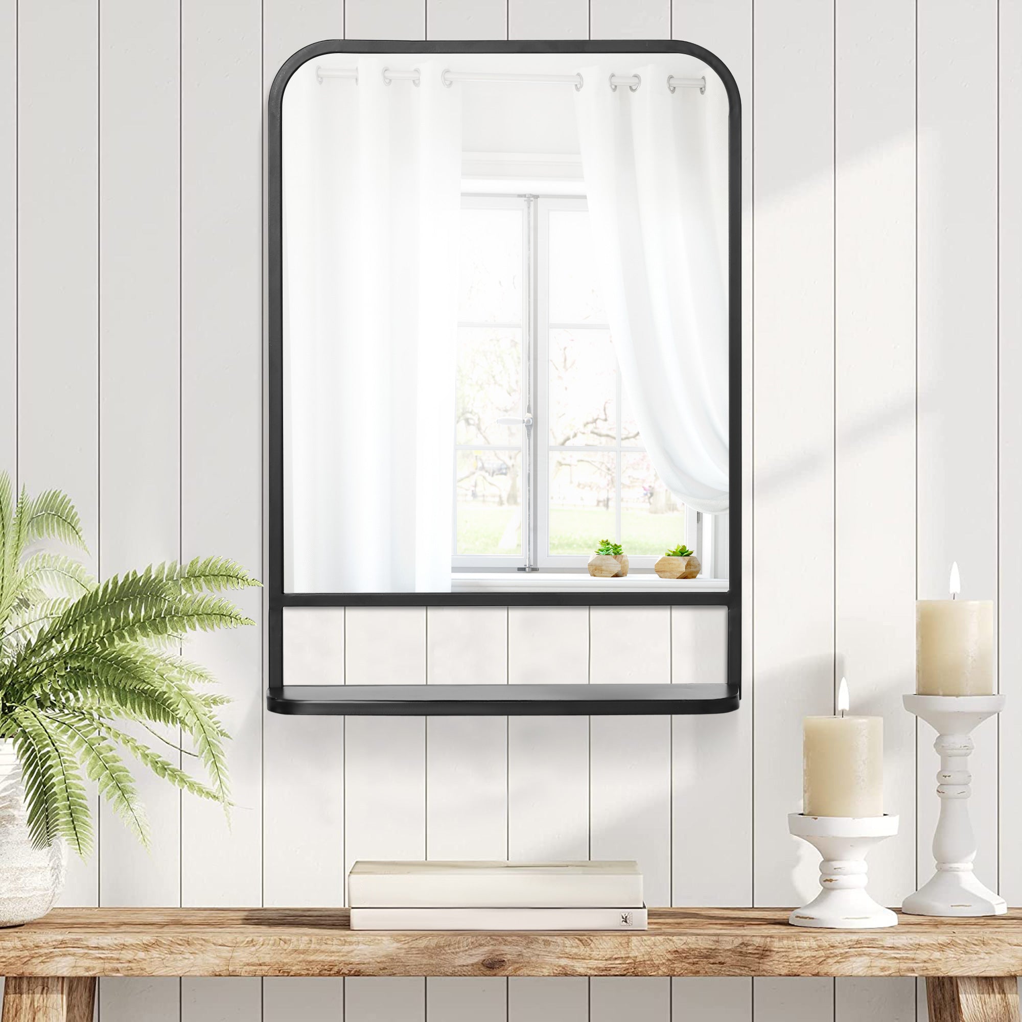 HOMCOM Modern Square Wall Mirror with Storage Shelf, 70 x 50 cm Mirrors for Living Room, Bedroom, Black - North Peak Garden Furniture