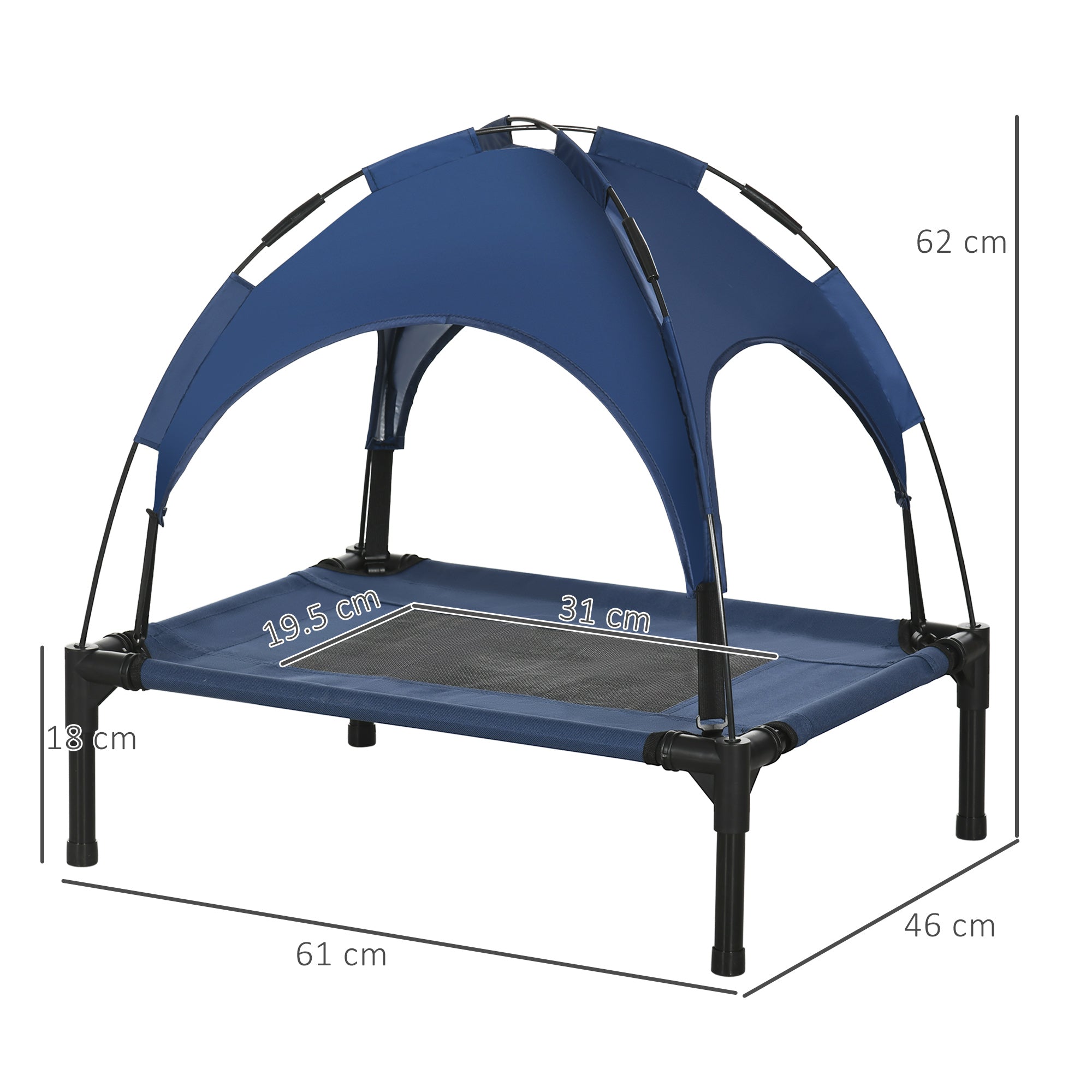PawHut Raised Dog Bed Waterproof Elevated Pet Cot with Breathable Mesh UV Protection Canopy Blue, for Small Dogs, 61 x 46 x 62cm - North Peak Garden Furniture