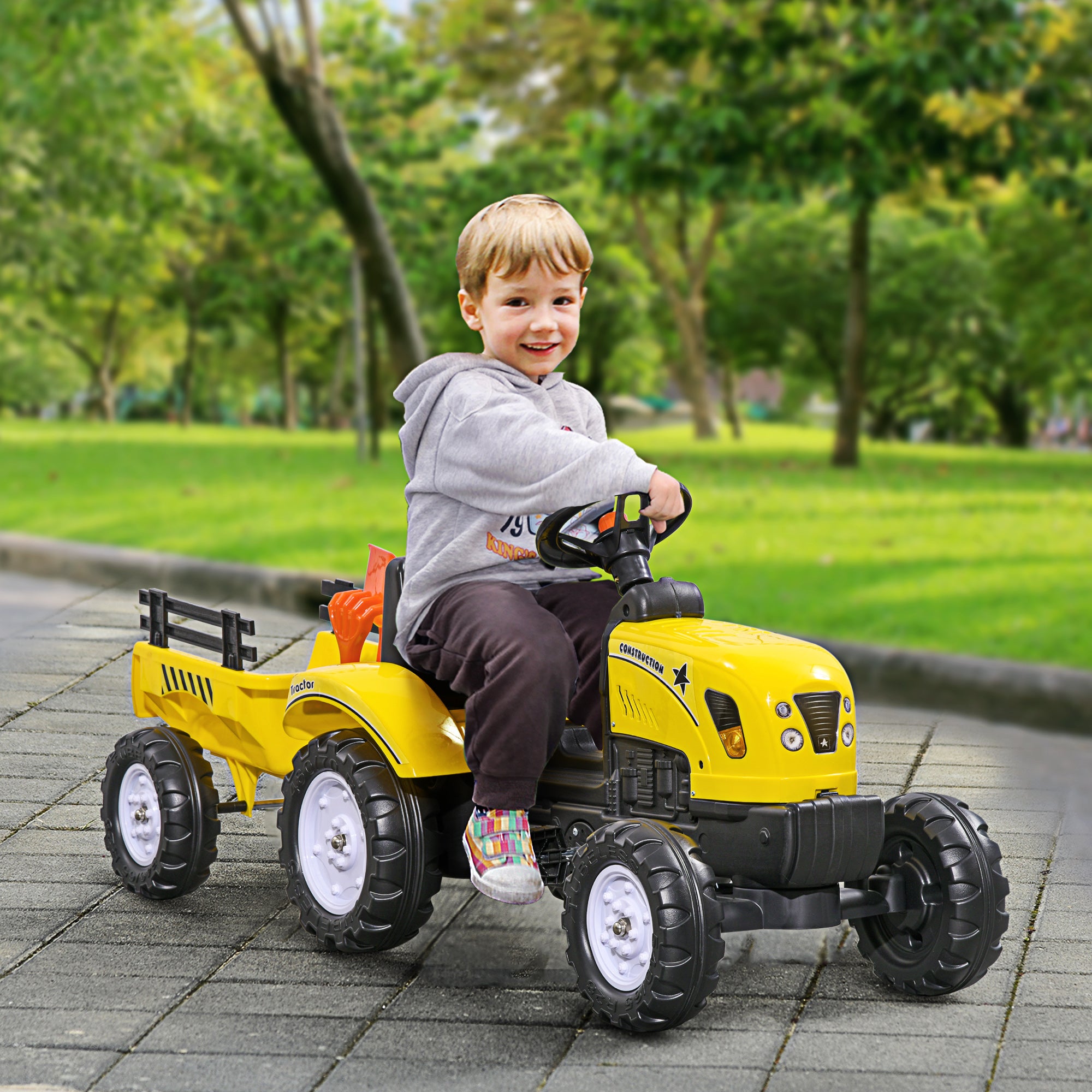 HOMCOM Pedal Go Kart, Kids Ride on Tractor with Back Trailer, Shovel & Rake, Horn, Four Wheels Tractor Toy for Child Toddler - North Peak Garden Furniture