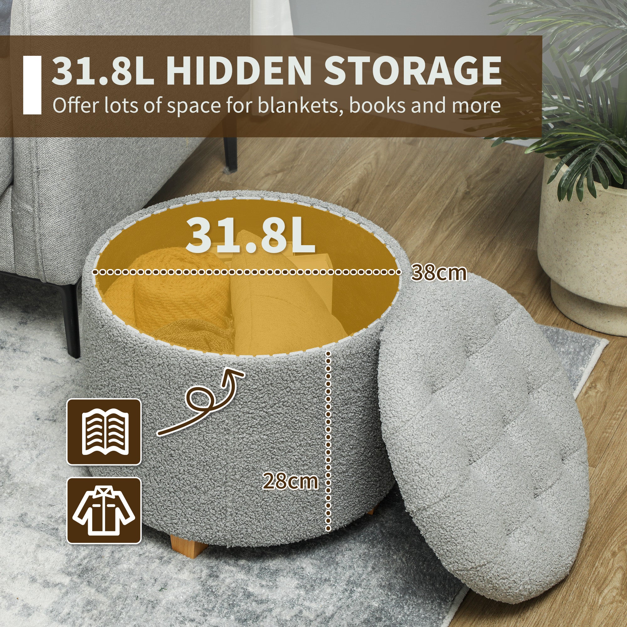 HOMCOM 31.8L Teddy Fleece Storage Ottoman - Dark Grey - North Peak Garden Furniture