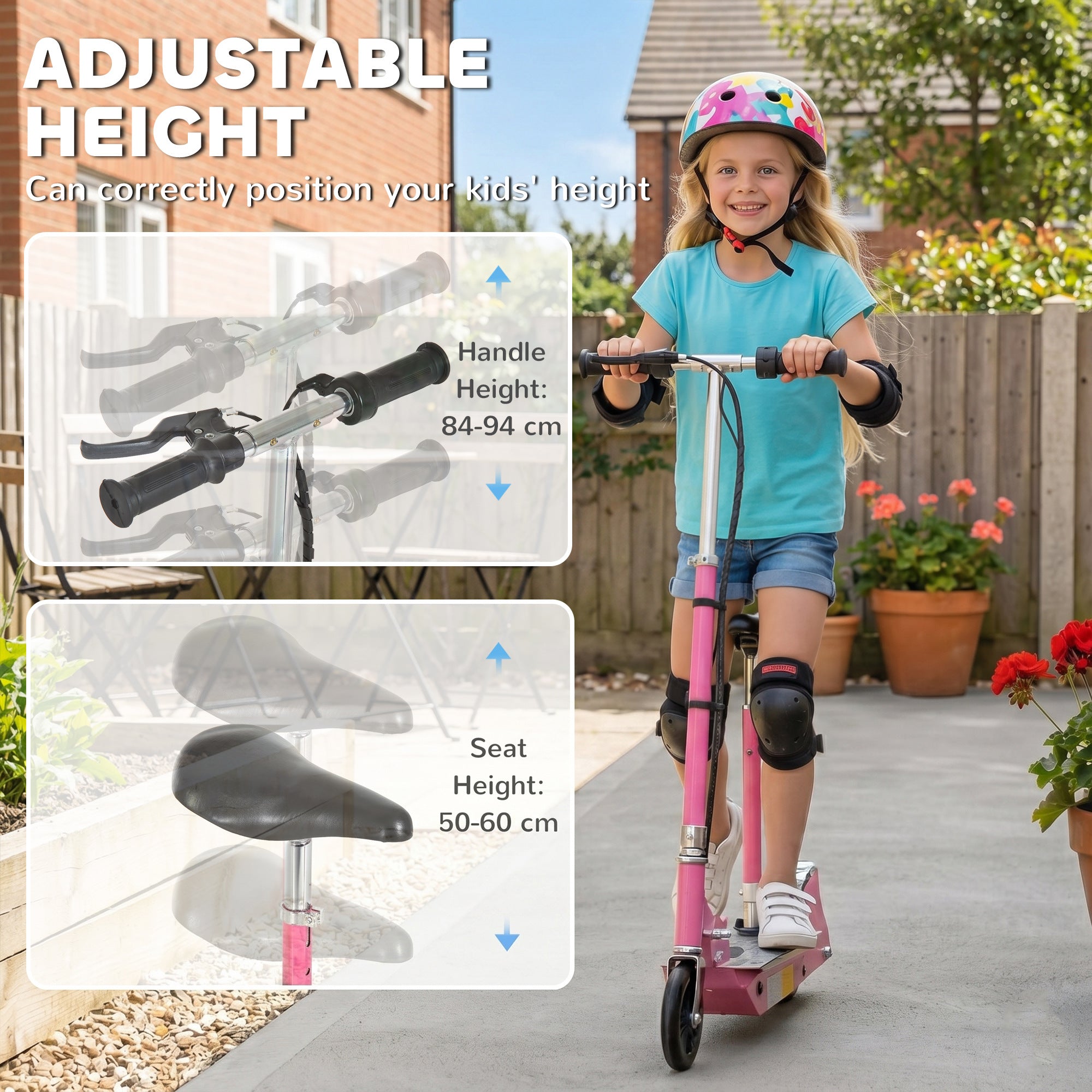 HOMCOM 120W Foldable Powered Scooters with 24V Rechargeable Battery, Adjustable Ride on Toy (Pink)
