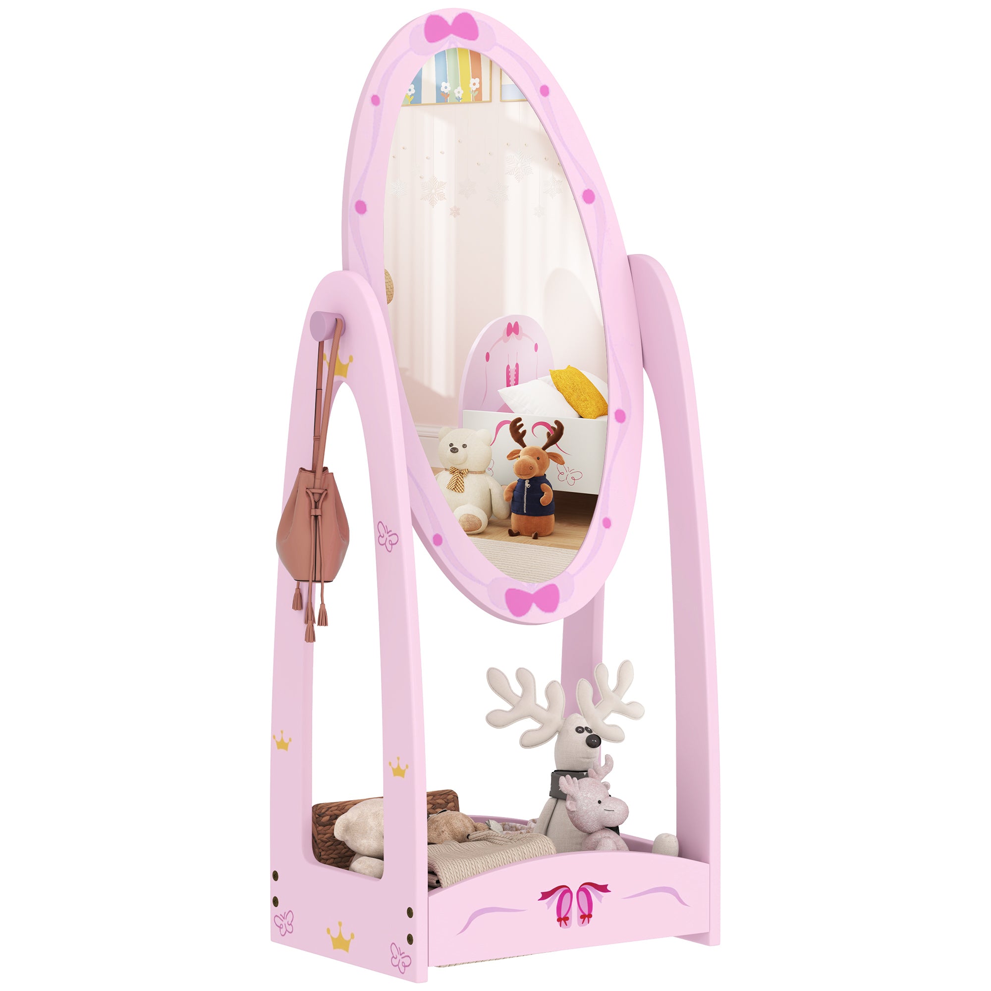 AIYAPLAY Kids Full Length Mirror, 360° Rotating Children Standing Mirror with Storage Shelf, Pink