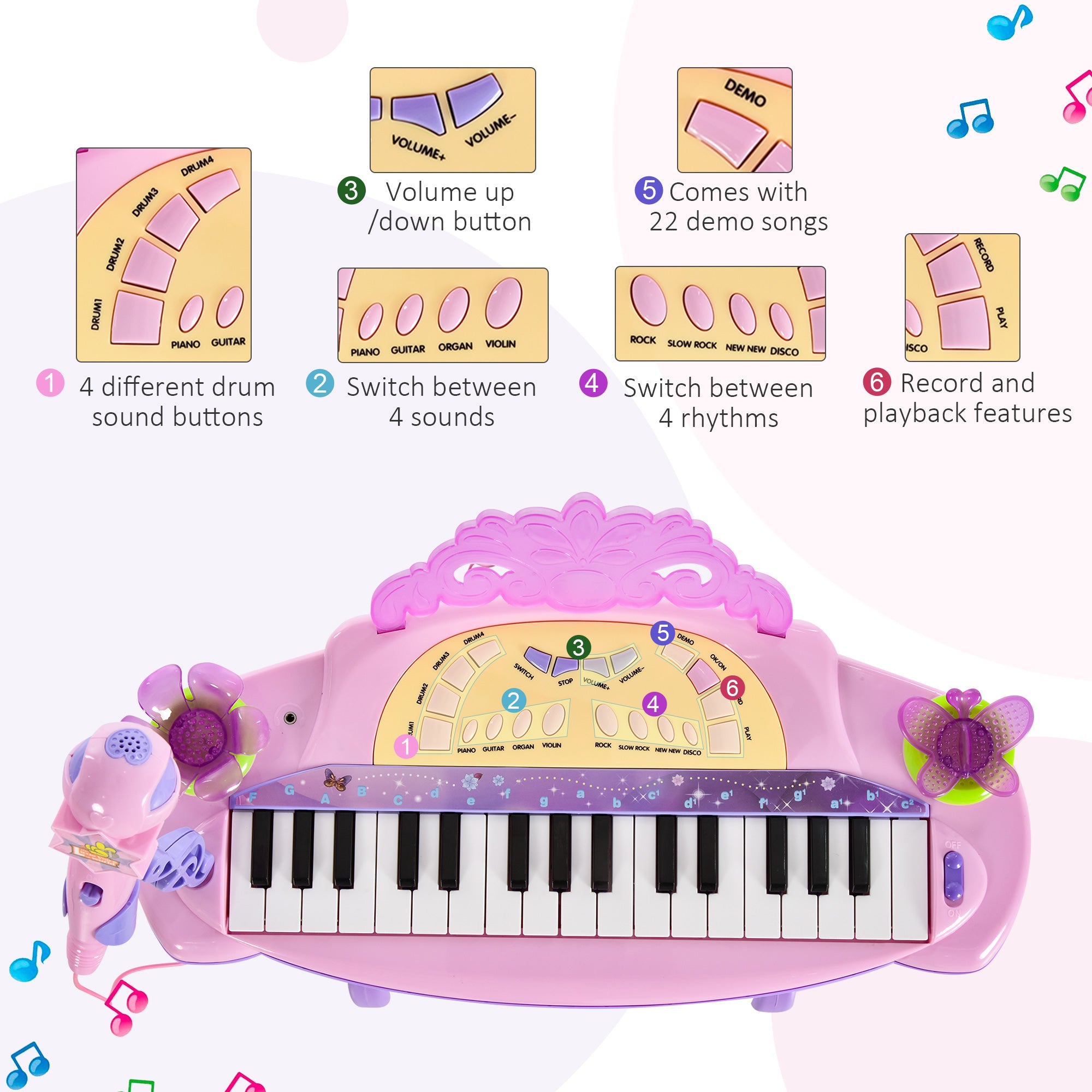 HOMCOM 32 Keys Kids Mini Electronic Keyboard Musical Instrument Educational Game Toy Children Grand Piano Stool Micropho - North Peak Garden Furniture