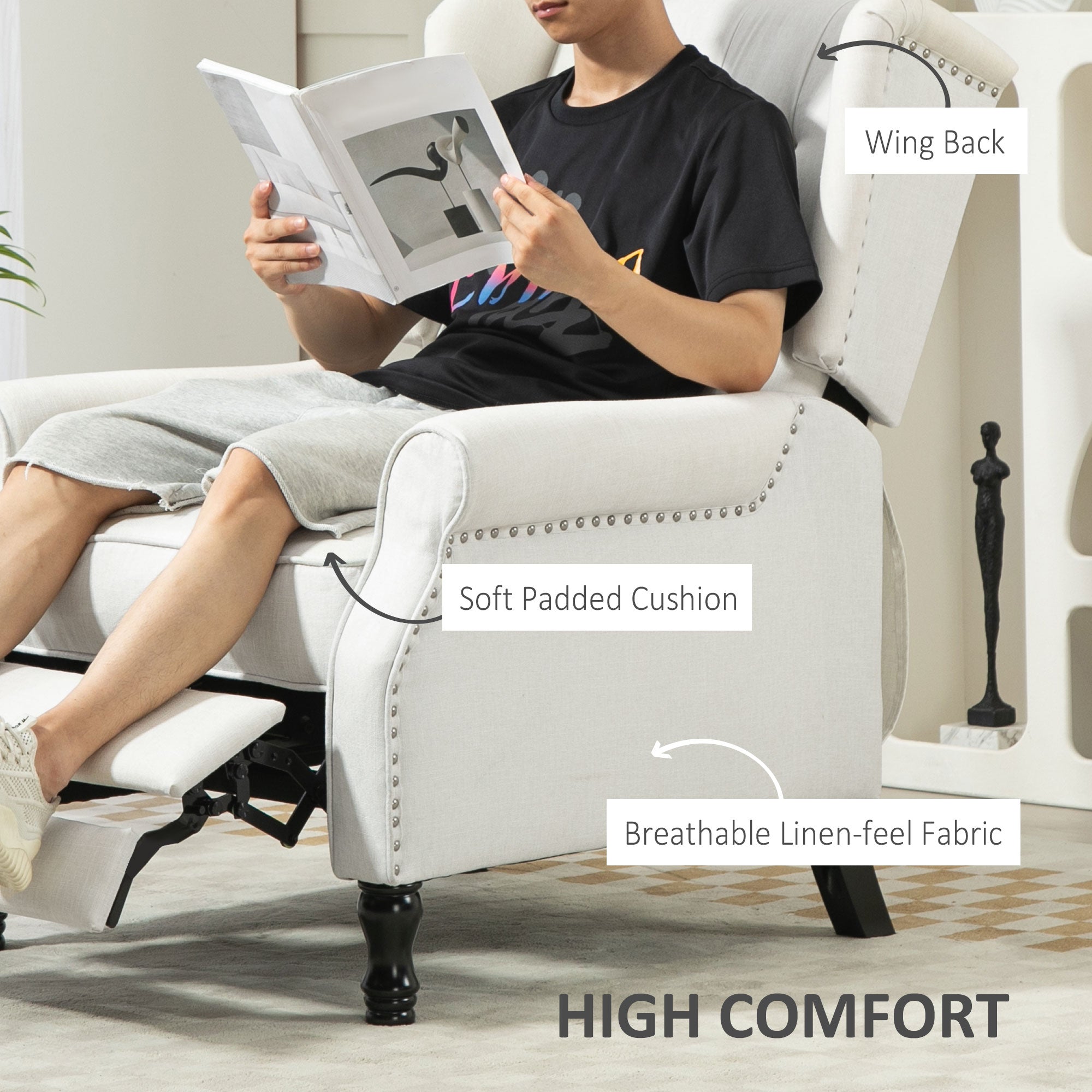 HOMCOM Recliner Armchair, Vintage Reclining Chair with Nail Head Trim, Wingback Chair with Button Tufted Back and Footrest, for Living Room, Cream White - North Peak Garden Furniture