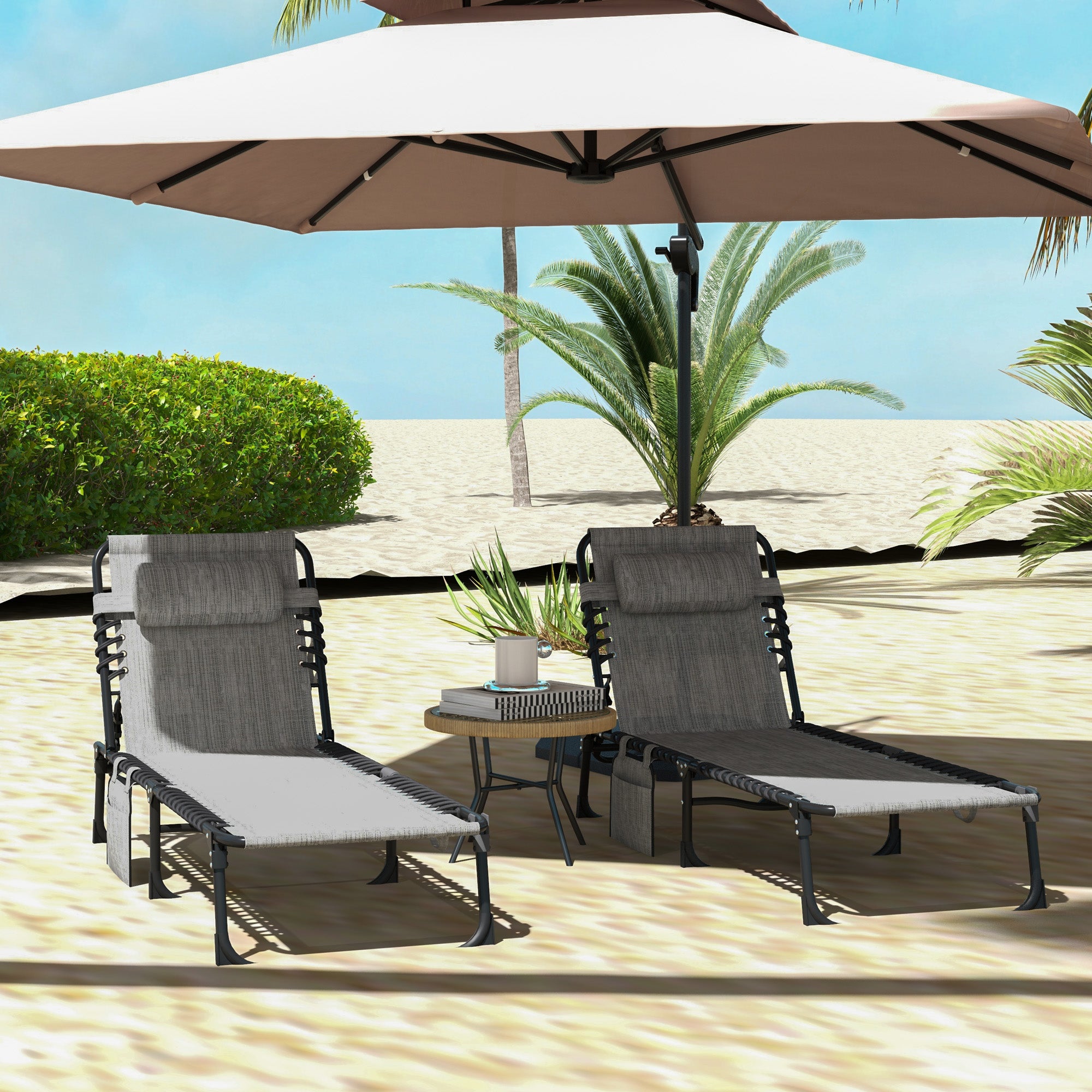 Outsunny Portable Sun Lounger Set of 2, Folding Camping Bed Cot, Reclining Lounge Chair 5-position Adjustable Backrest with Side Pocket, Pillow for Patio Garden Beach Pool, Mixed Grey - North Peak Garden Furniture