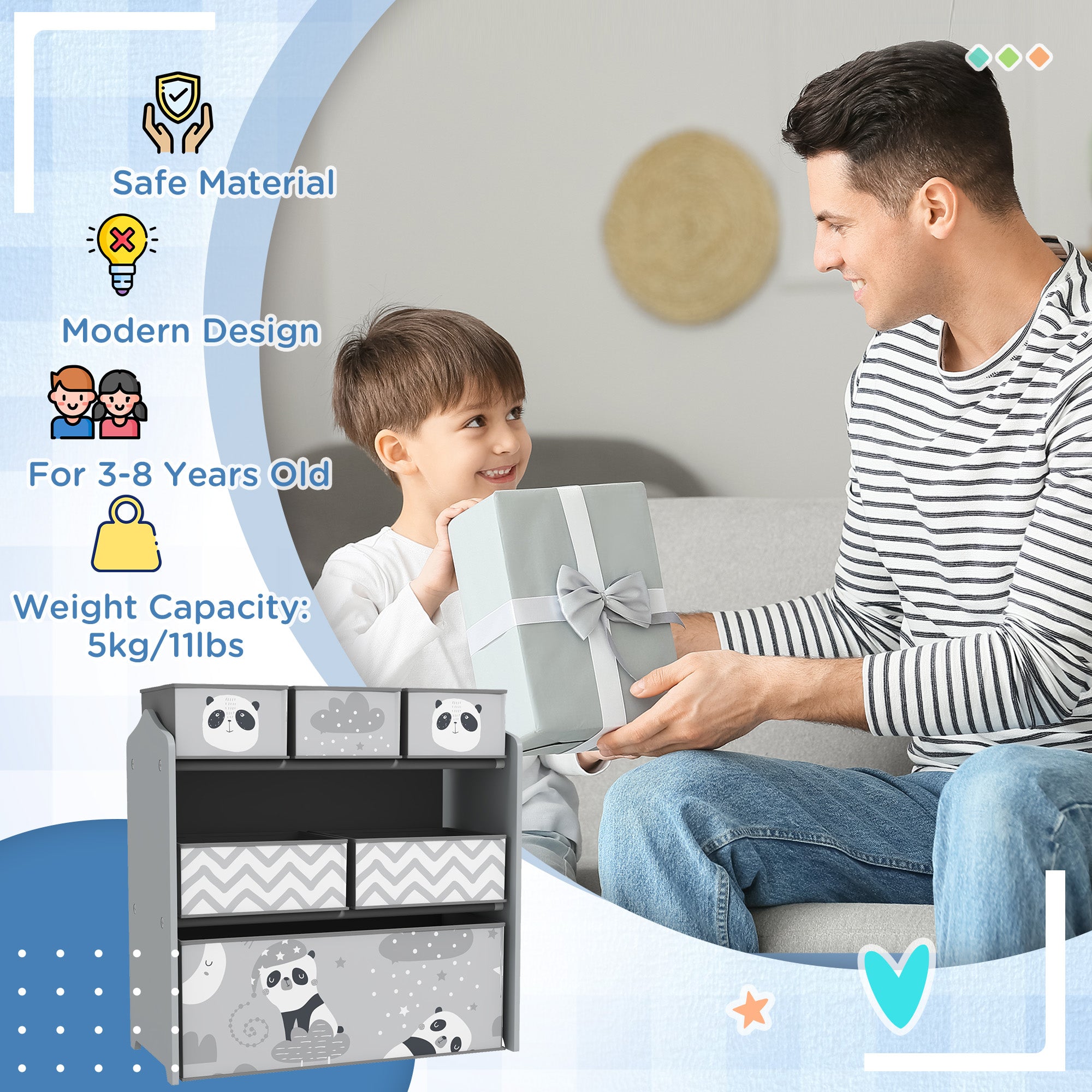ZONEKIZ Kids Storage Unit, Toy Storage Organiser, with Six Fabric Bins, for Bedrooms, Playrooms, Nurseries - Grey - North Peak Garden Furniture