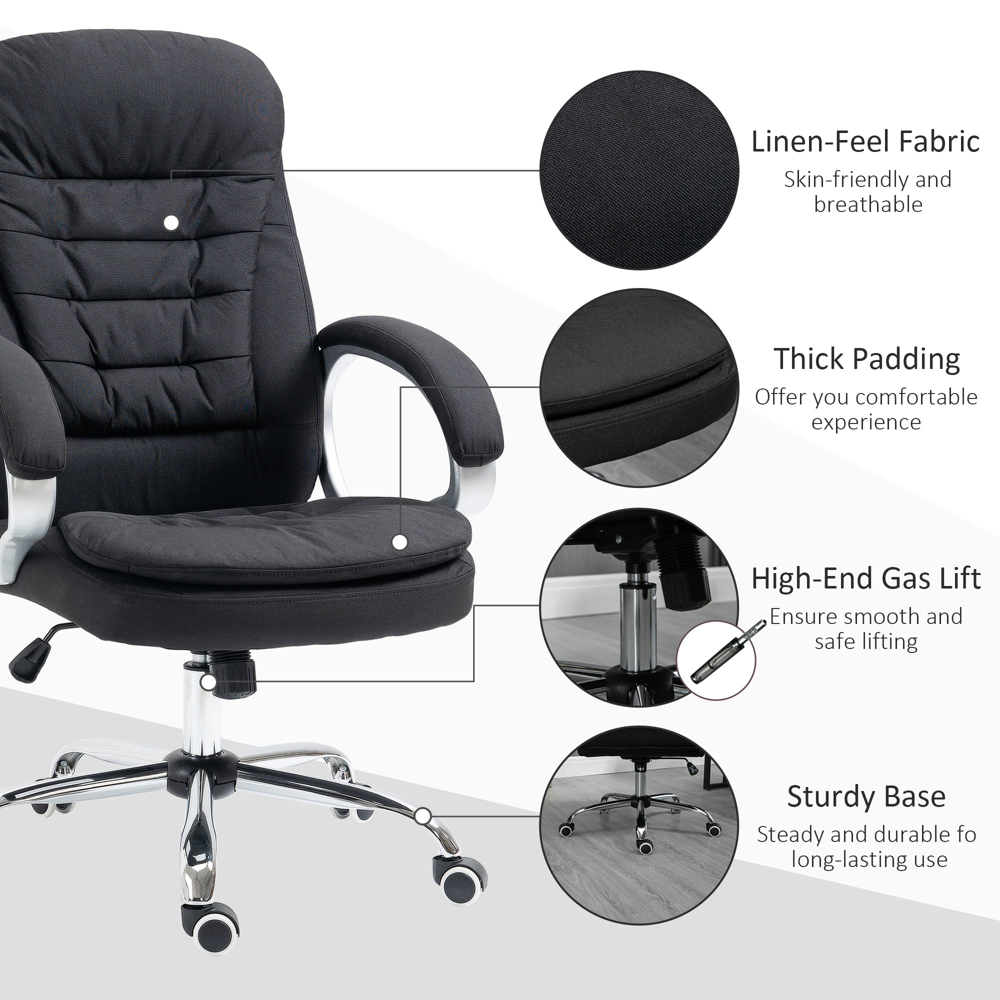 Vinsetto Executive Office Chair Task Chair for Home with Arm, Swivel Wheels, Linen Fabric, Black - North Peak Garden Furniture