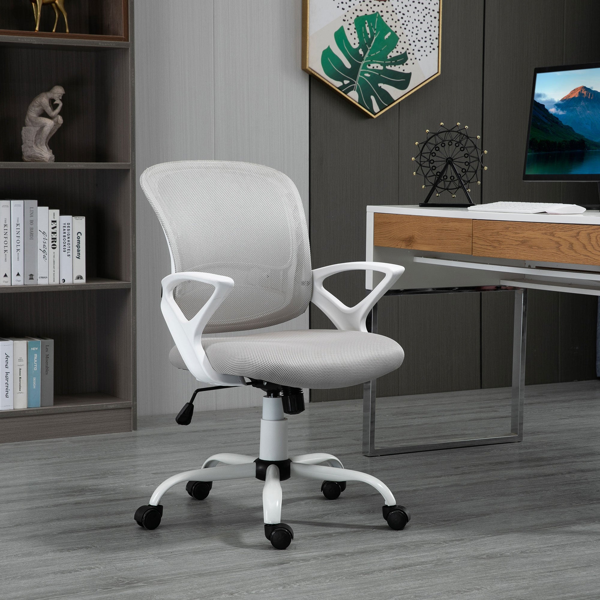 Vinsetto Office Chair Mesh Swivel Desk Chair with Lumbar Back Support Adjustable Height Armrests Grey - North Peak Garden Furniture