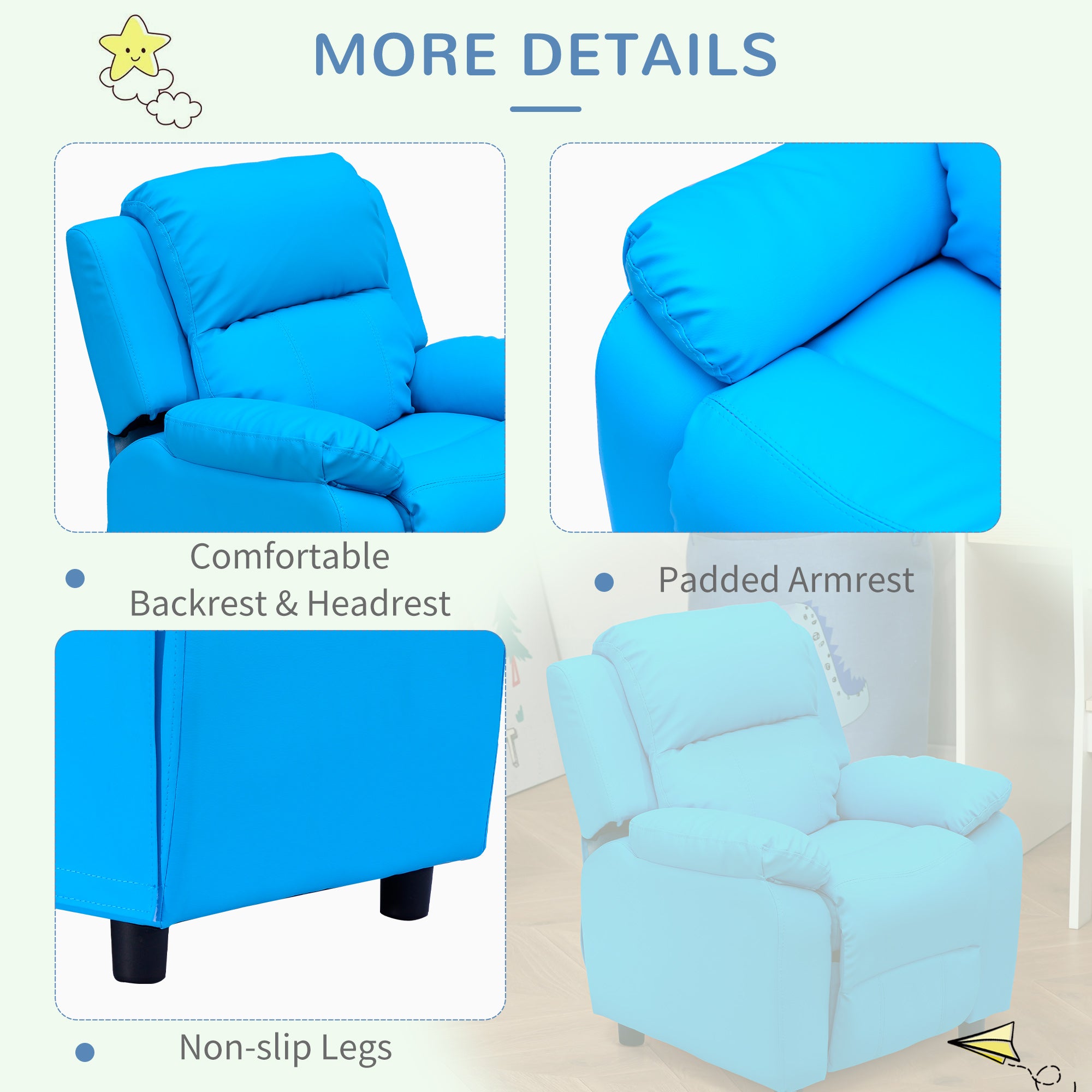 HOMCOM Kids Children Recliner Lounger Armchair Games Chair Sofa Seat PU Leather Look w/ Storage Space on Arms (Blue)