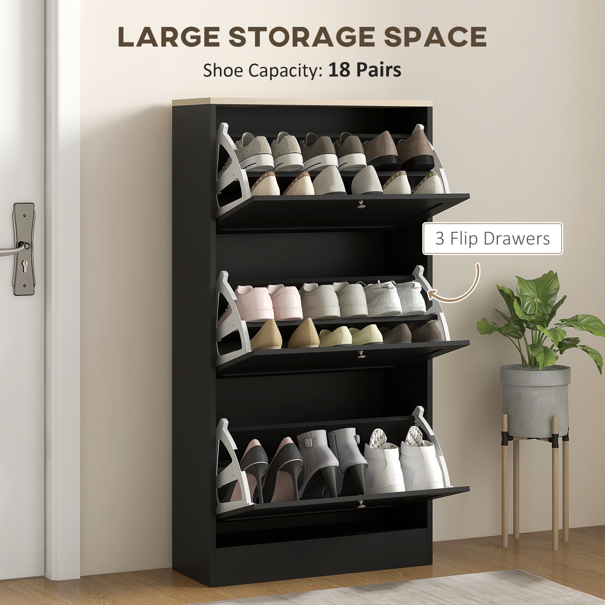 HOMCOM Modern Compact Three-Drawer Shoe Storage Cabinet - Black - North Peak Garden Furniture