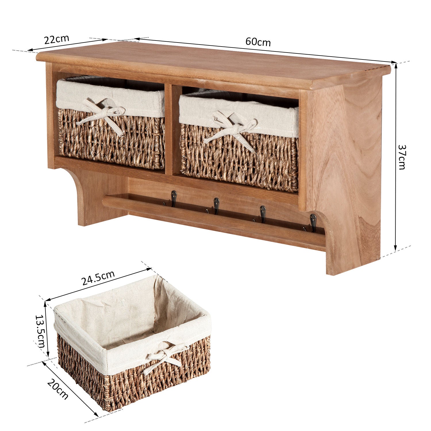 HOMCOM Entryway Coat Rack Wall Mounted Shelf w/ 2 Corn Husk Baskets and Hooks, Brown - North Peak Garden Furniture