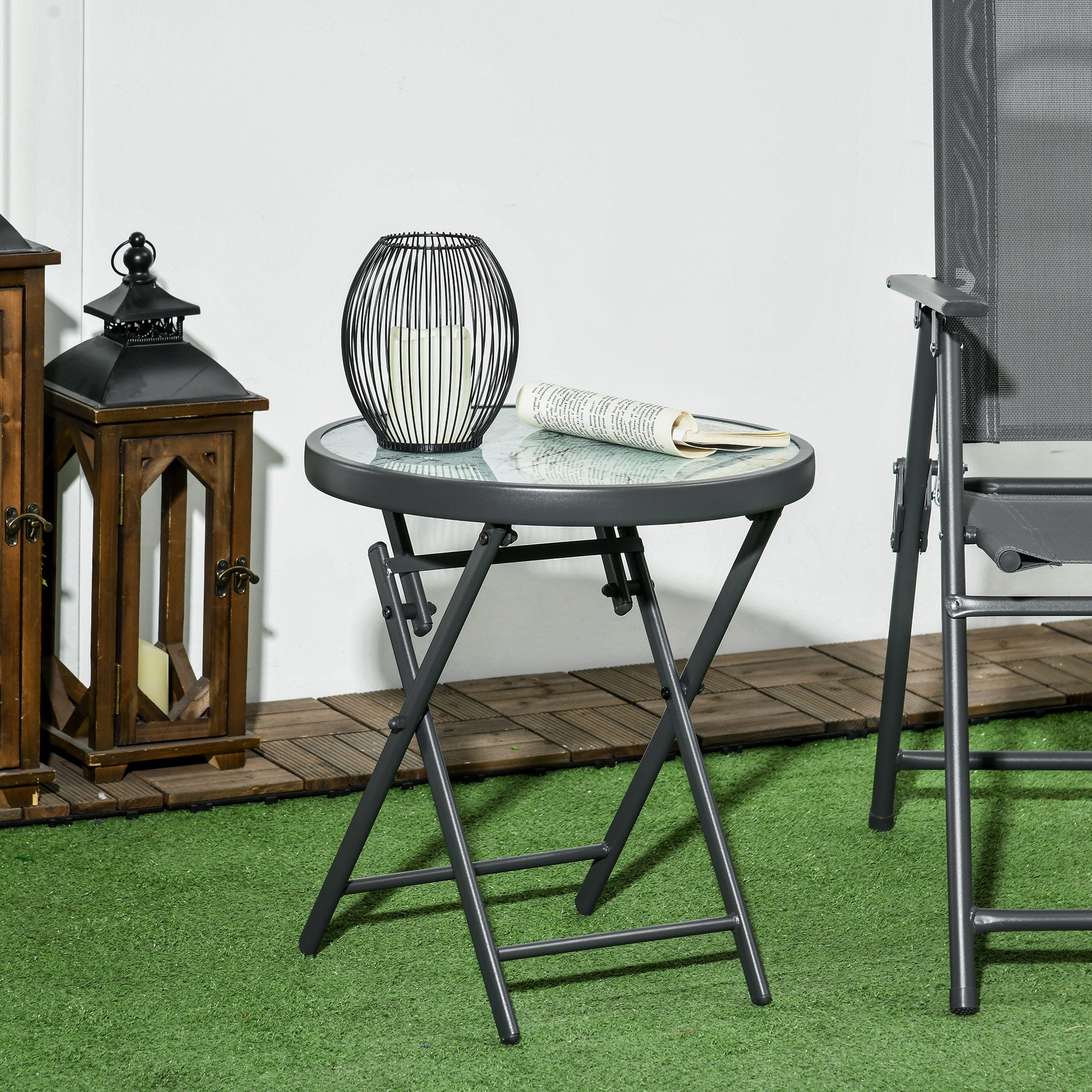 Outsunny Φ45cm Garden Side Table, Outdoor Round Folding Patio Table with Imitation Marble Glass Top, Small Coffee Table, White - North Peak Garden Furniture