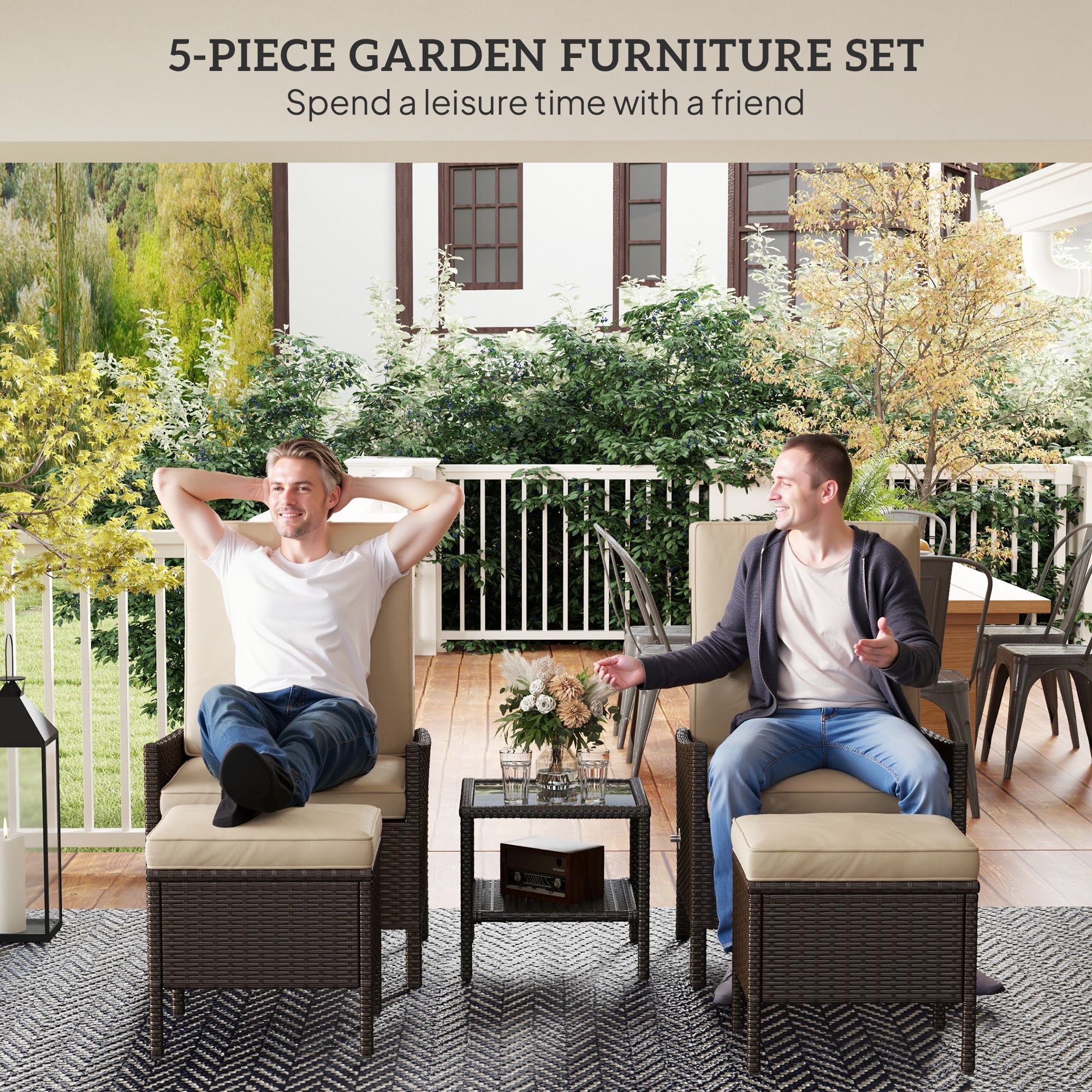 Outsunny 5 Piece Rattan Garden Furniture Set, Wicker Patio Sofa Set with 2 Armchairs, 2 Footstools, Glass Top Coffee Table with Shelf, Outdoor Furniture with Adjustable Backrests, Cushions, Khaki - North Peak Garden Furniture
