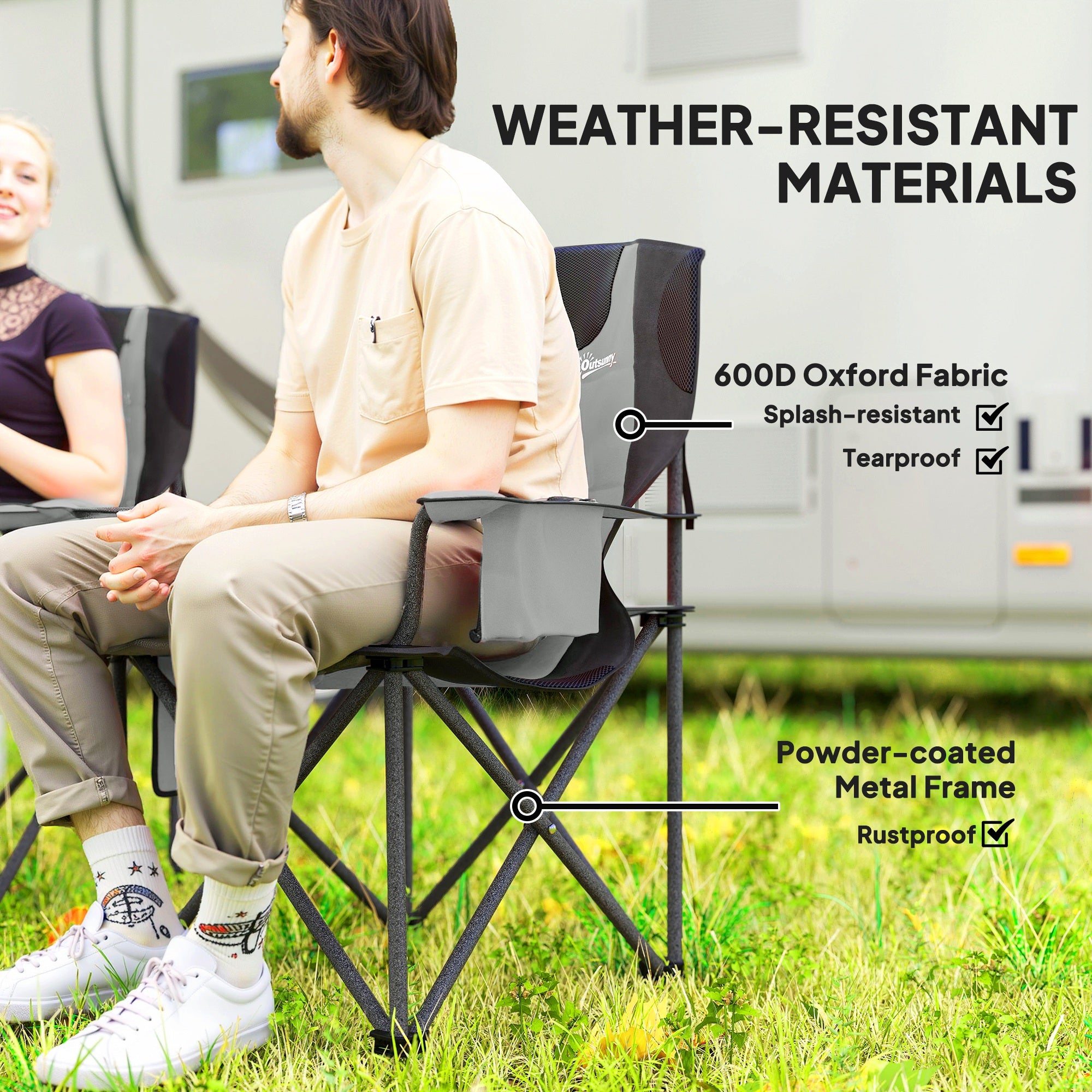 Outsunny Set of 2 Folding Camping Chairs, Padded Camping Chairs with Adjustable Armrests, Portable & Lightweight Folding Camp Chair with Cooler Bag, Cup Holder and Side Pockets, Grey - North Peak Garden Furniture