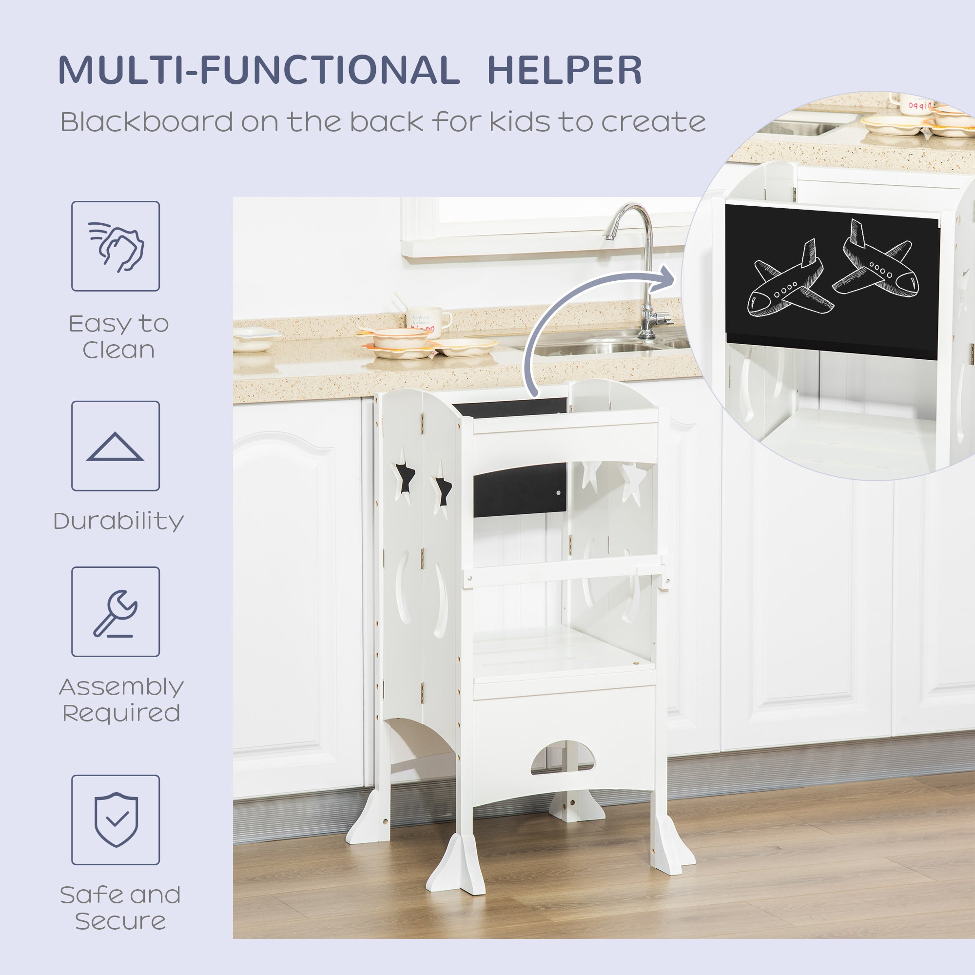 HOMCOM Kids Step Stool Toddler Kitchen Stool with Blackboard Lockable Handrail for Kids Kitchen Counter White - North Peak Garden Furniture