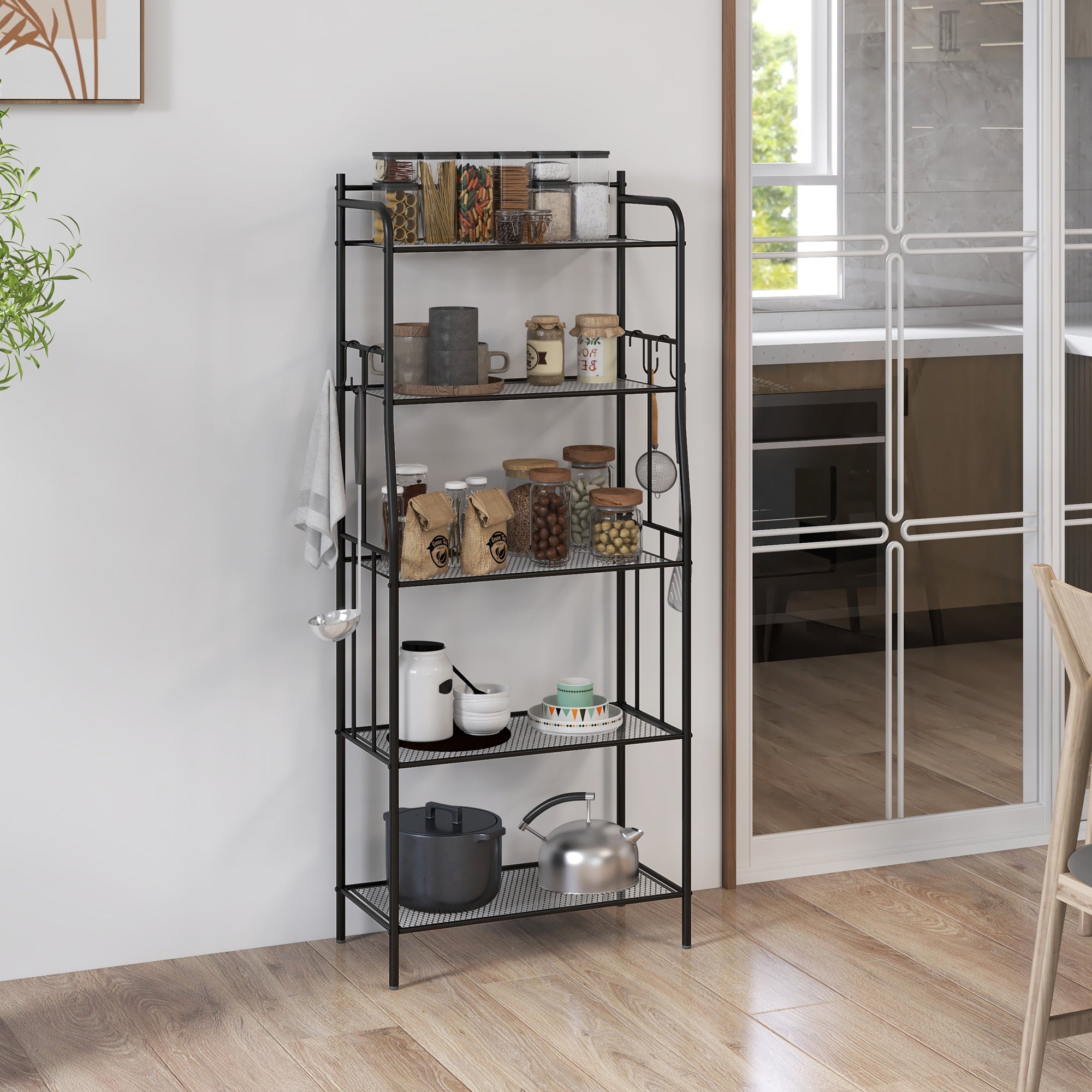 HOMCOM Five-Tier Steel Frame Kitchen Shelving Unit - Black - North Peak Garden Furniture