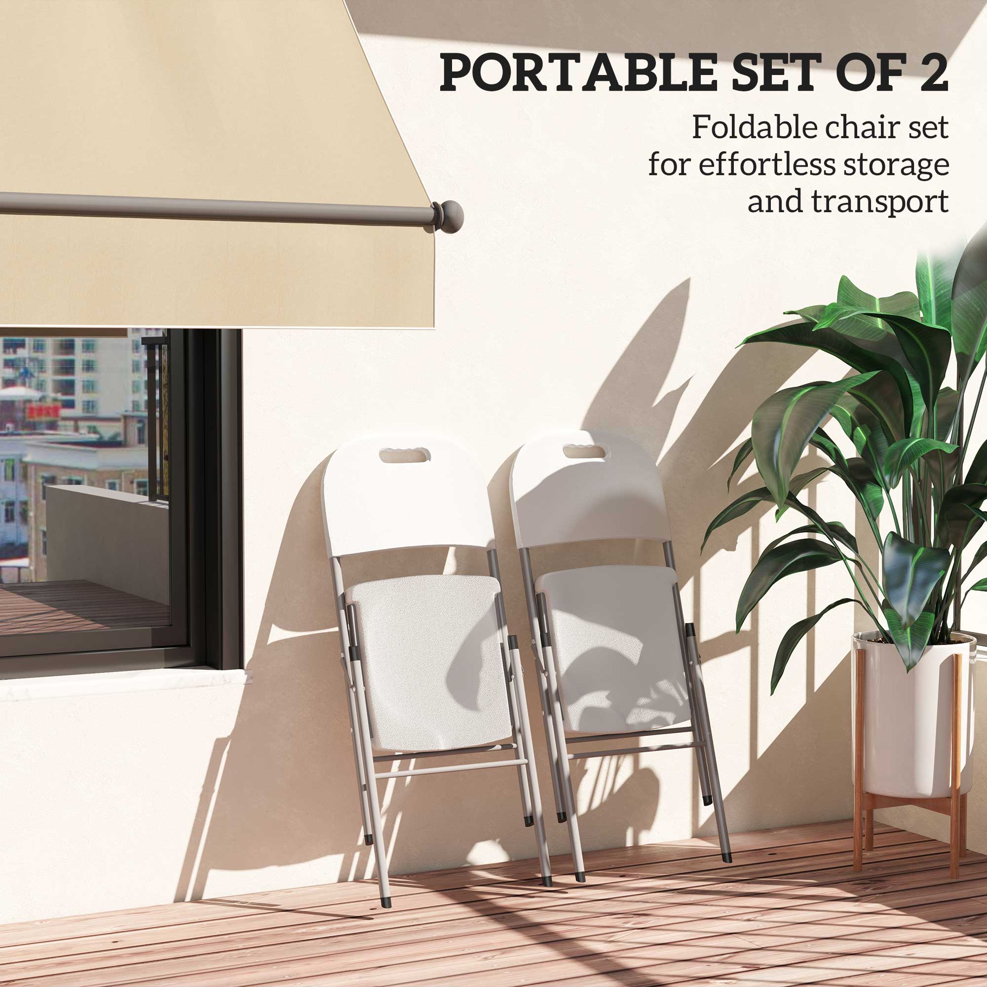 Outsunny Folding Chair Set of 2 with Steel Frame, Outdoor Chair Set with HDPE Backrest, Seat and Handles for Mobility, Garden Chair Set for Patio Deck Balcony, White - North Peak Garden Furniture