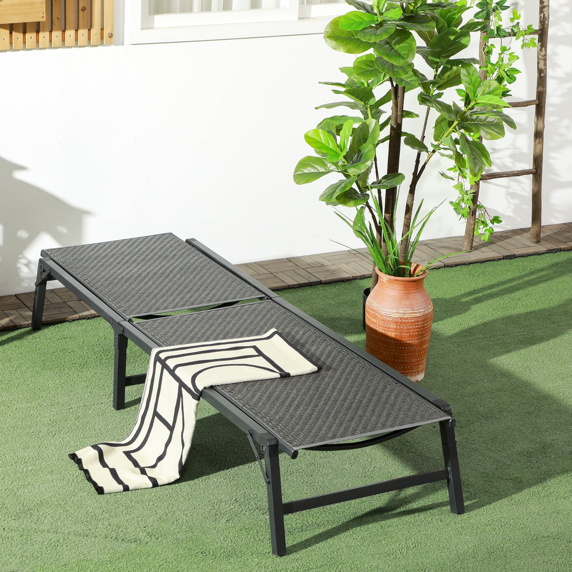 Outsunny Foldable Rattan Sun Lounger with 5-Level Adjust Backrest, Recliner Chair, Grey - North Peak Garden Furniture