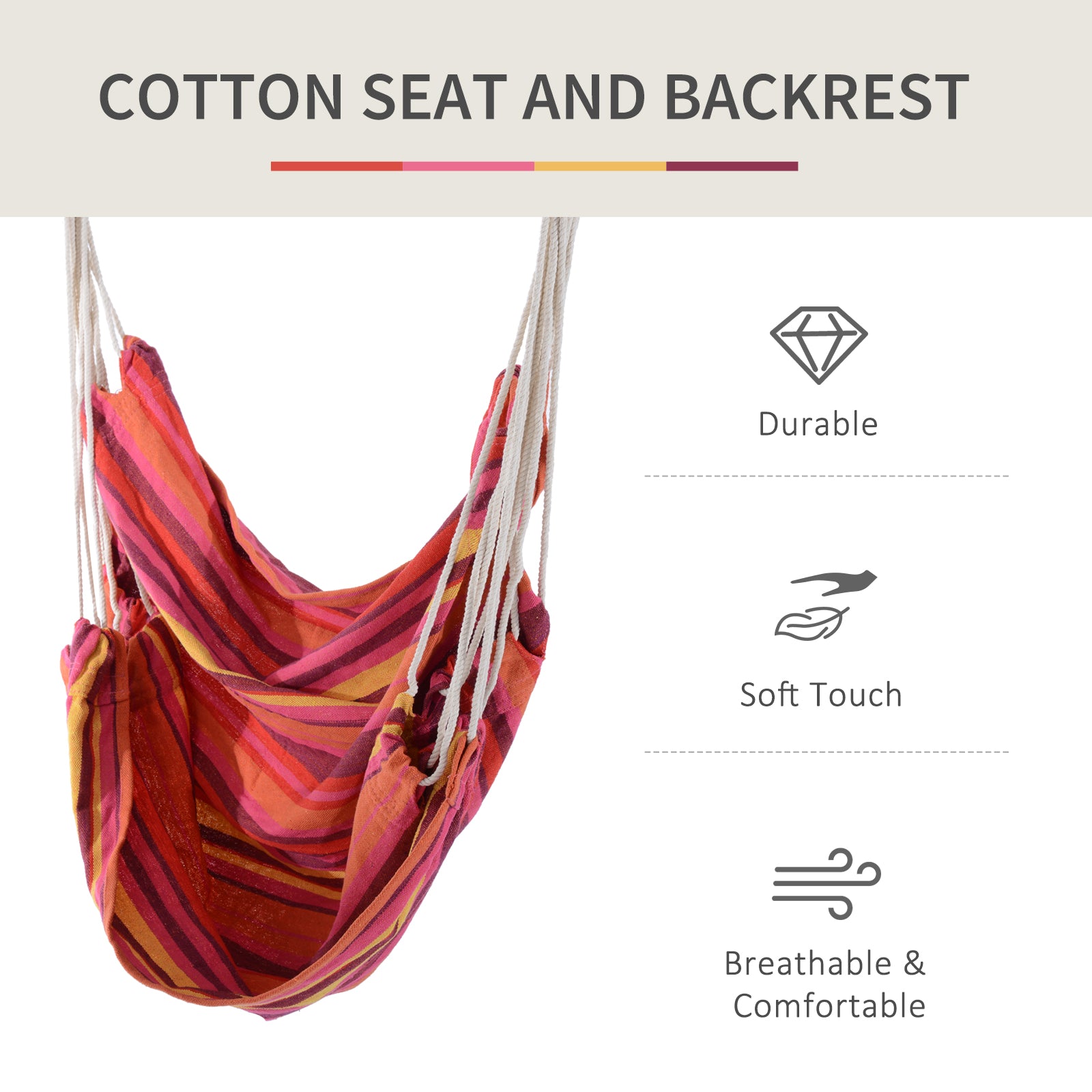 Outsunny Outdoor Hanging Rope Chair with Cotton Rope, Garden Hammock Chair with Wooden Support Bar Cotton Cloth, Portable Garden Chair for Patio & Tree, Red - North Peak Garden Furniture